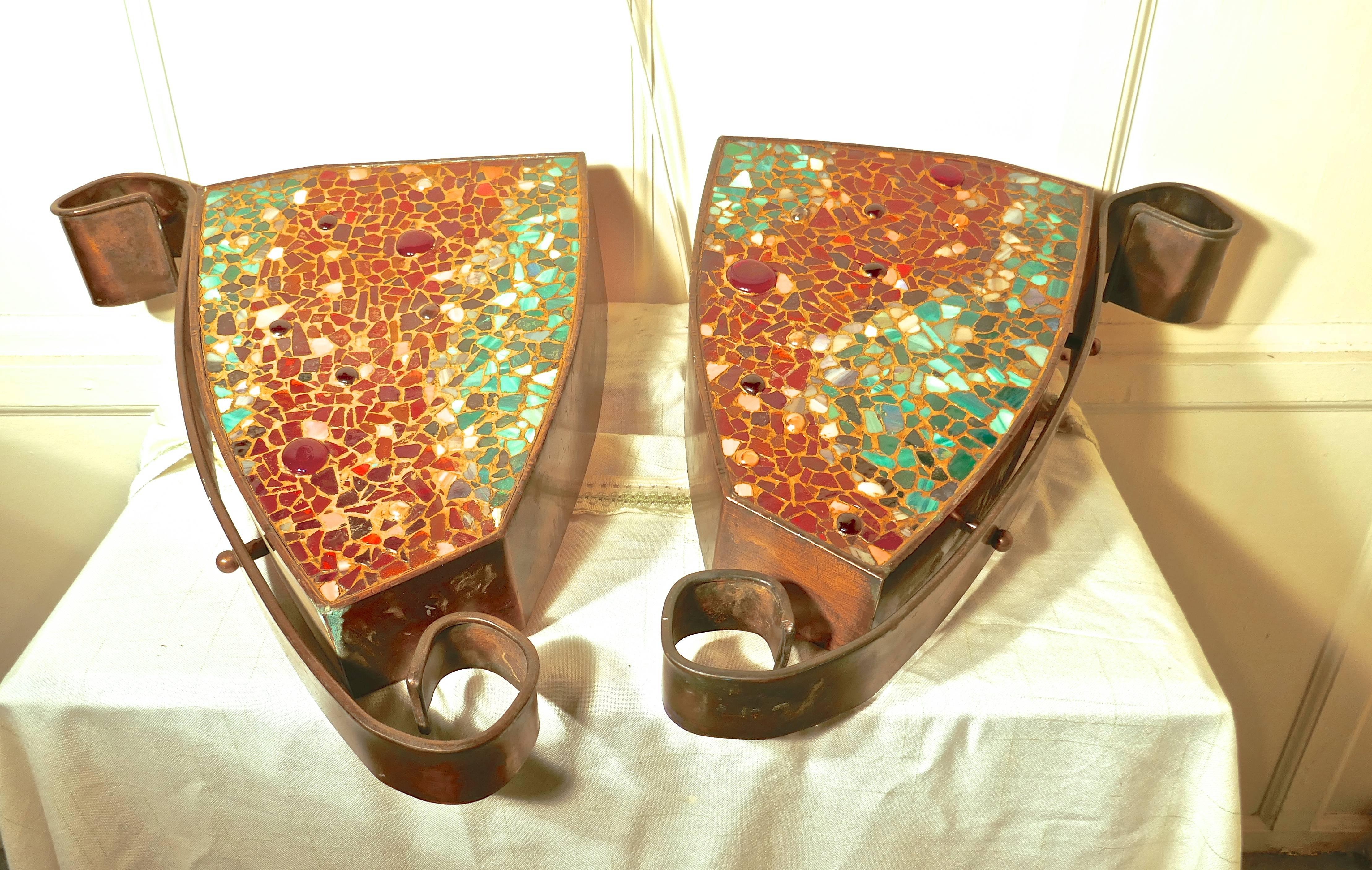 Early 20th Century Set of Four Extra Large Gothic Art Deco Glass and Copper Wall Lights