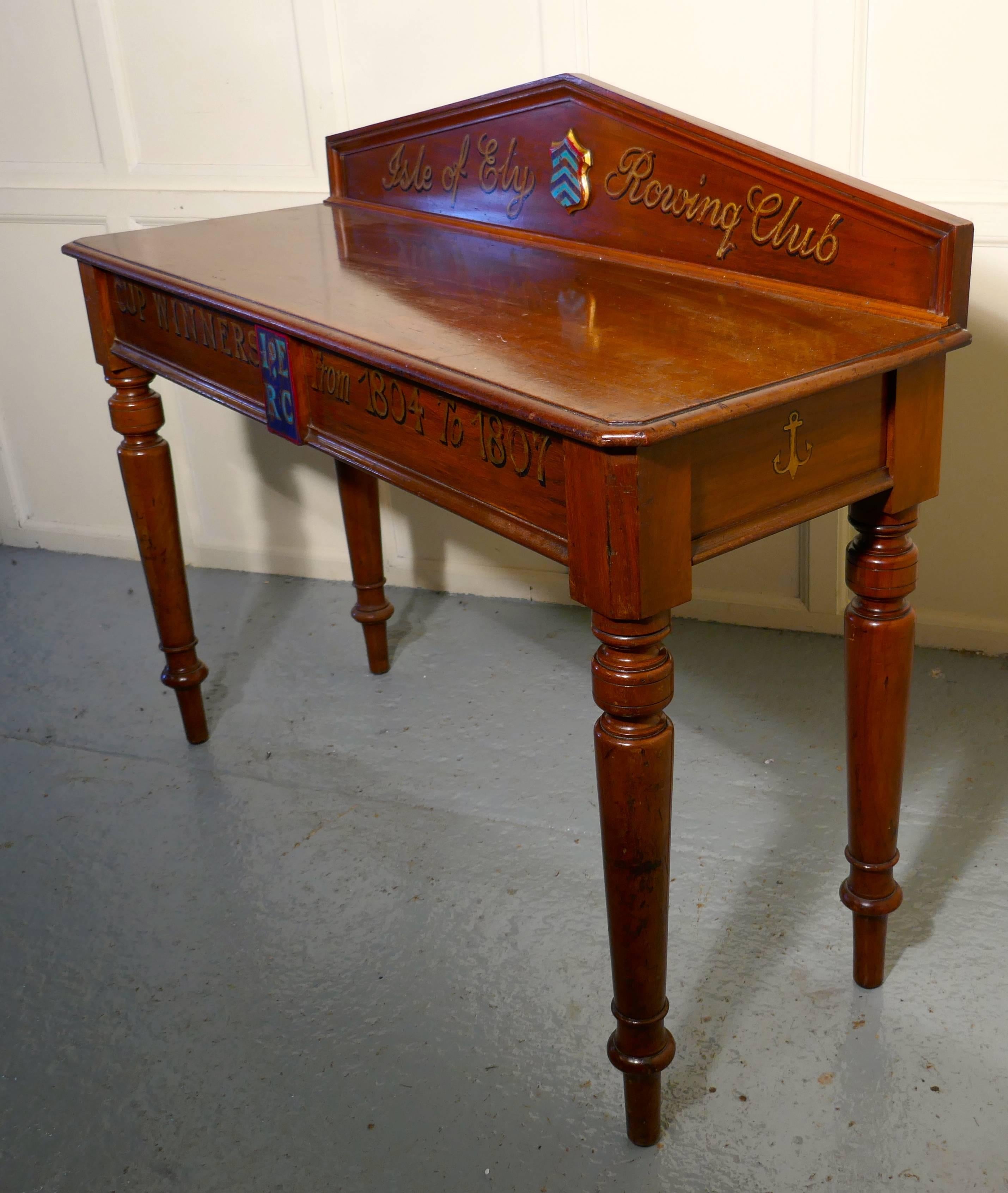 Rowing club trophy table

A Victorian mahogany side table from “TheIsle of Ely” rowing club, commemorating the cup winners from 1804 to 1807.

A rare piece with a shield crest painted with chevrons, and gold lettering on the back gallery
The