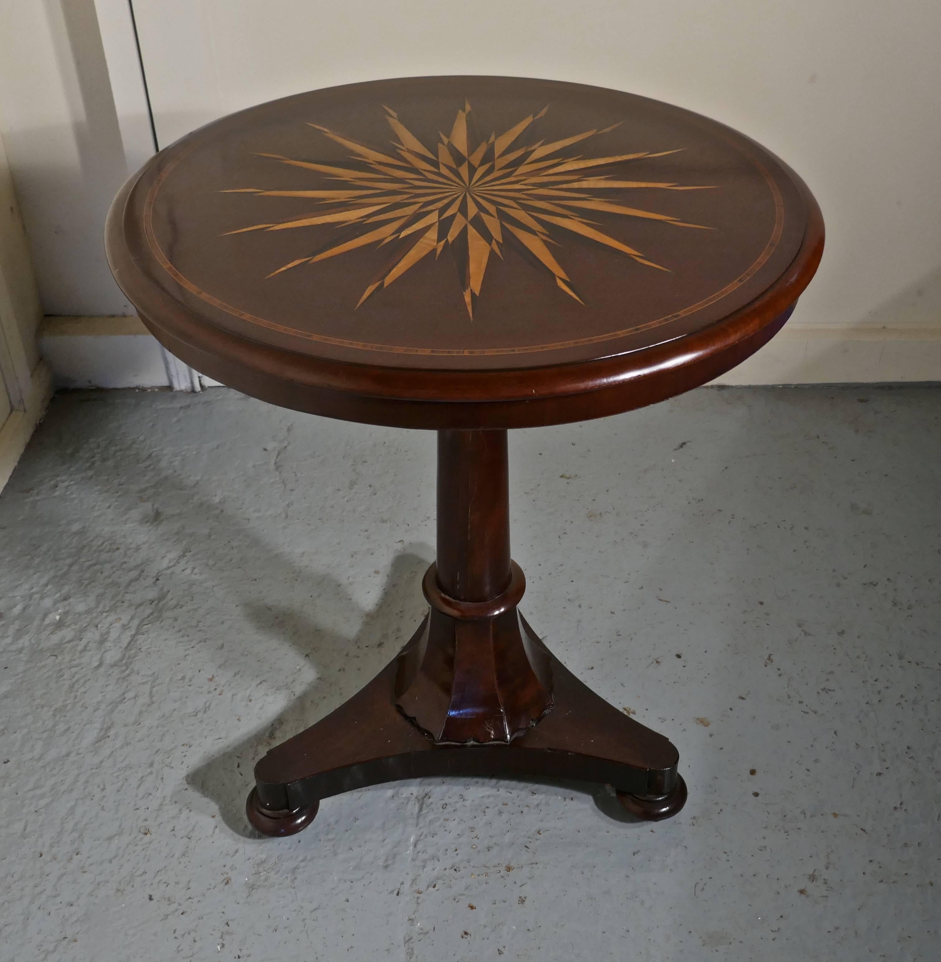 Superb 'William IV' starburst inlaid tilt-top mahogany table

The table stands on a well superbly shaped pedestal leg, the solid mahogany tabletop is round, it has an inlaid border with has a superb sunburst covering most of the tabletop, the