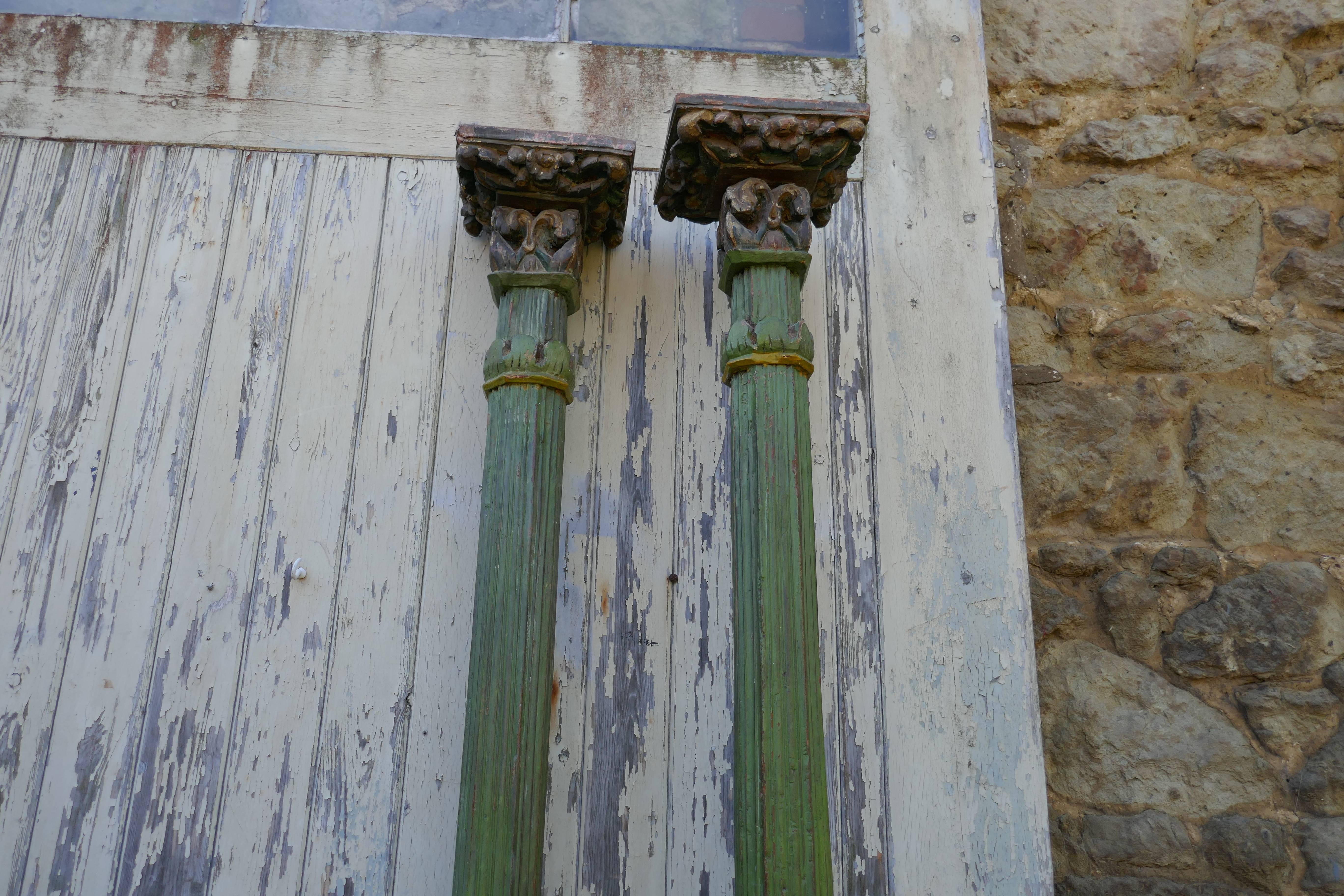 Classical Roman Pair of Antique Carved and Painted Corinthian Type Columns