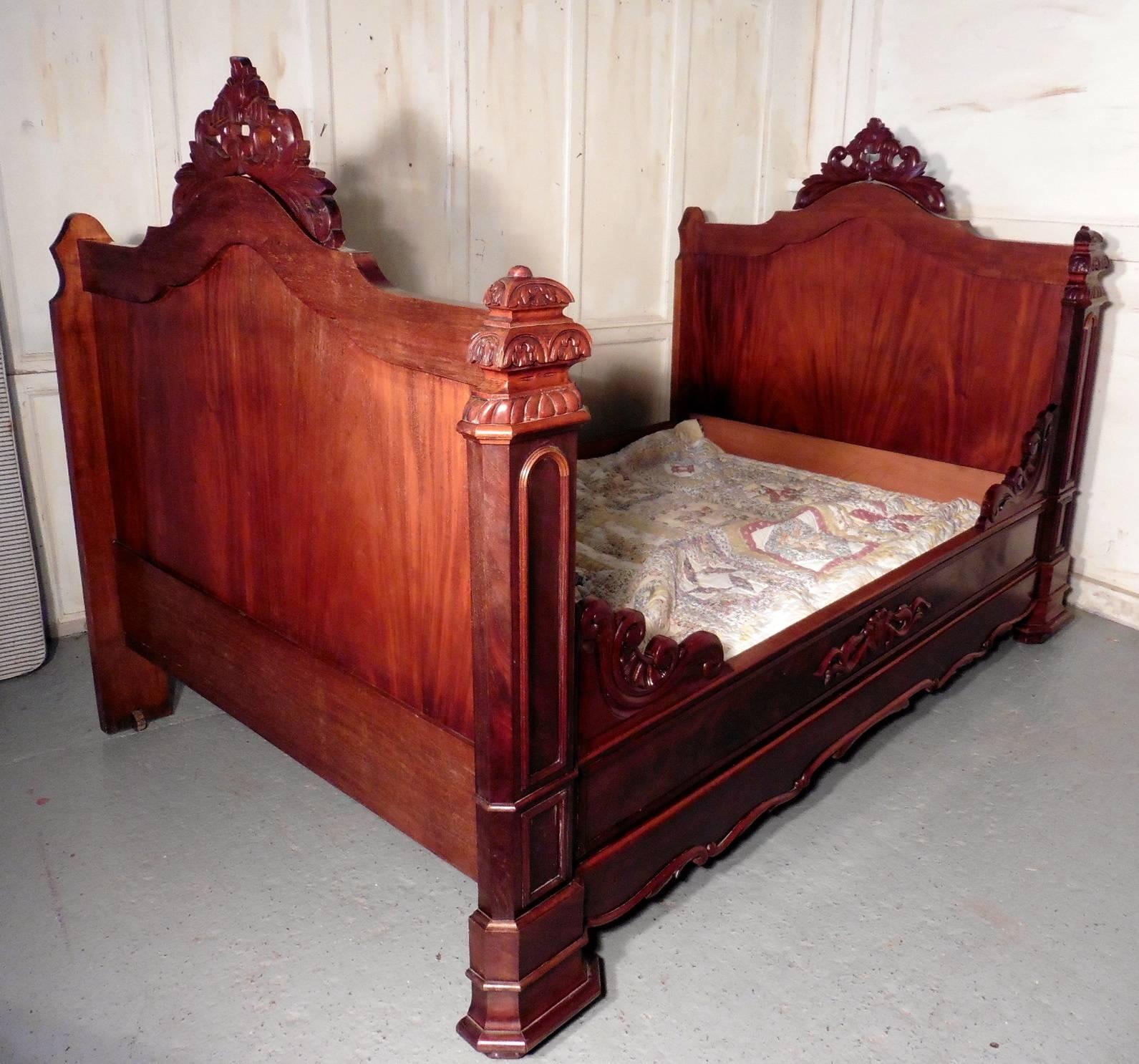 French Provincial French Flame Mahogany and Walnut Sleigh Bed or Empire Style Daybed
