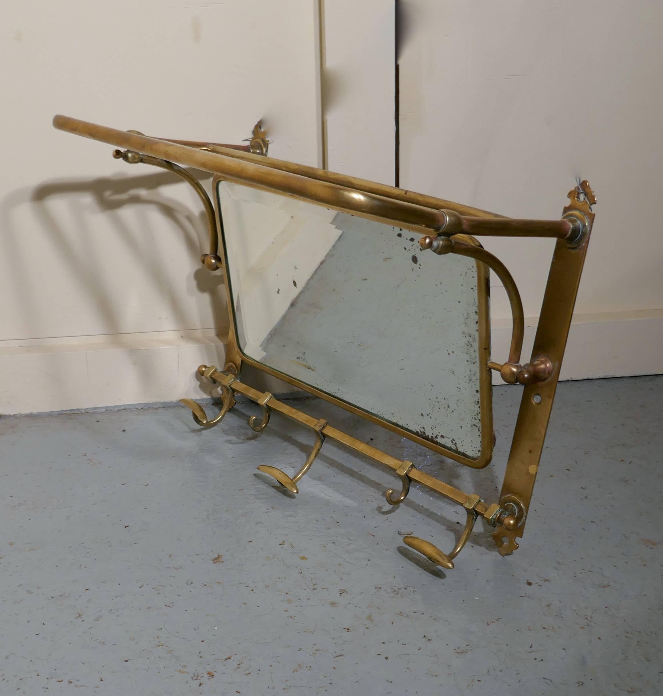 French Art Deco Brass Hat and Coat Shelf Mirror from a Railway Train 1