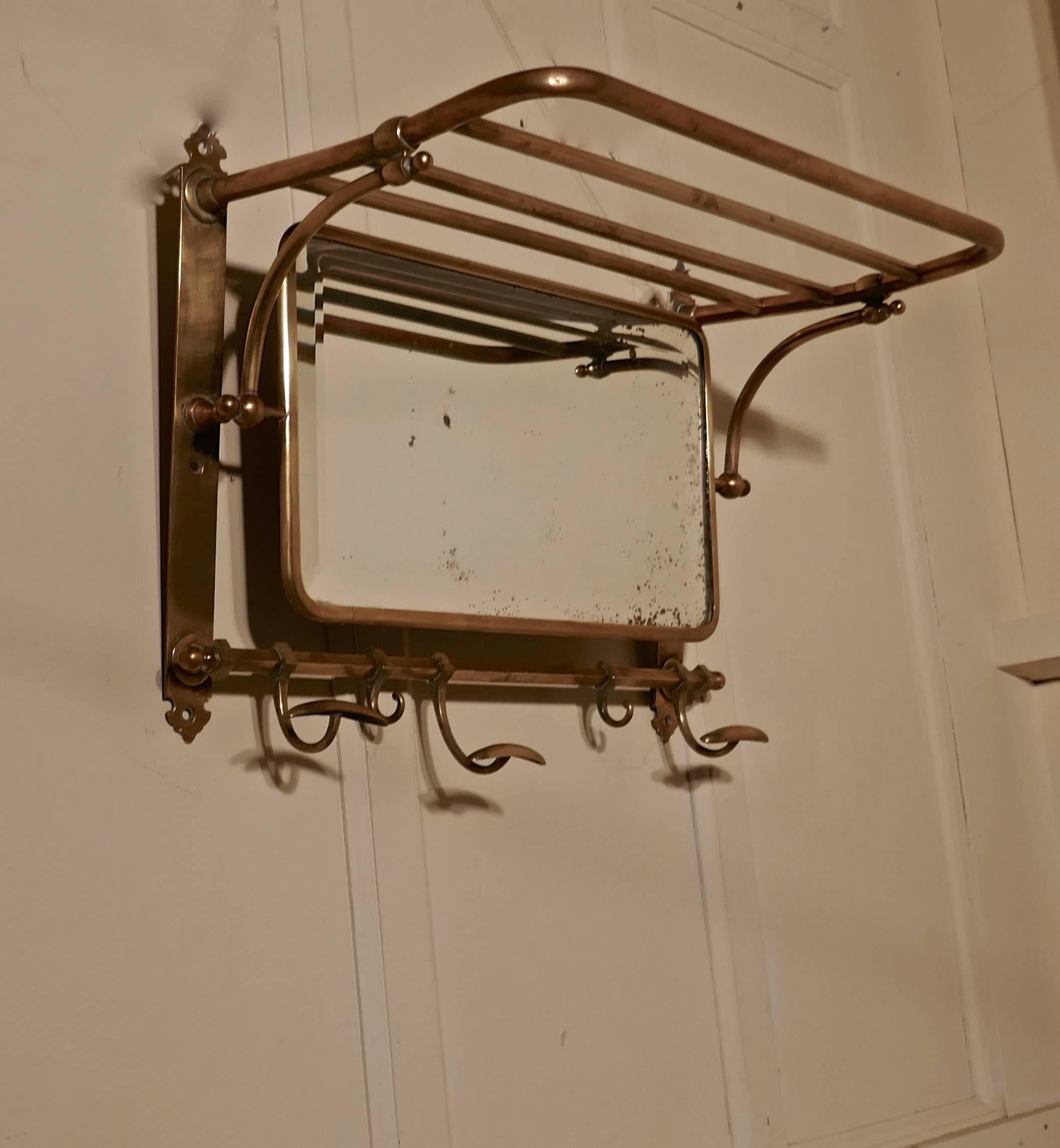 French Art Deco Brass Hat and Coat Shelf Mirror from a Railway Train 3