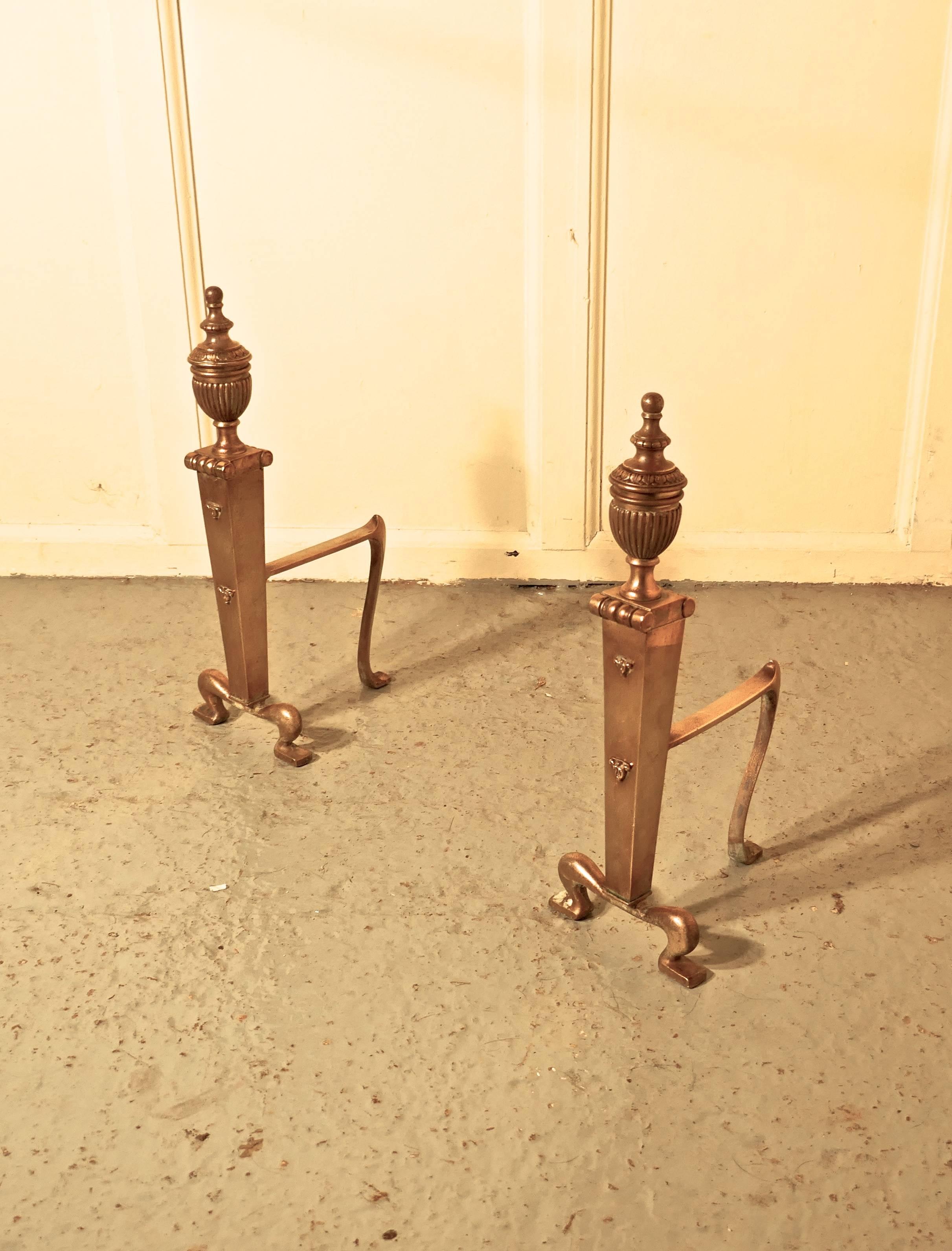 Great Britain (UK) Elegant Pair of 19th Century Brass Andirons or Fire Dogs For Sale