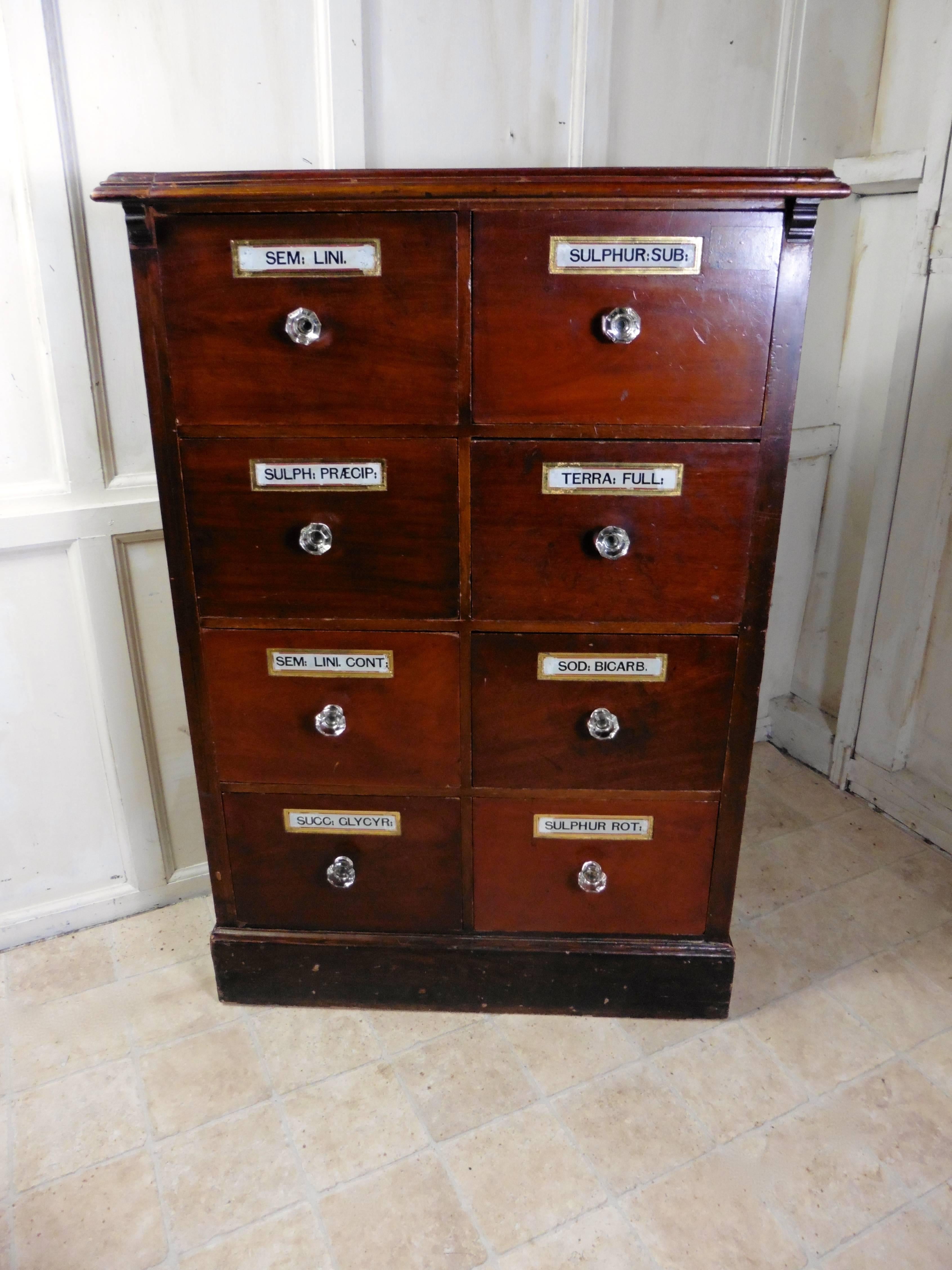 19th century chemist drawers, eight-drawer mahogany pharmacists cabinet

This is a delightful piece, it has been made in to a freestanding chest of drawers, originally it would have been part of a much larger wall fitting piece in a chemist shop.