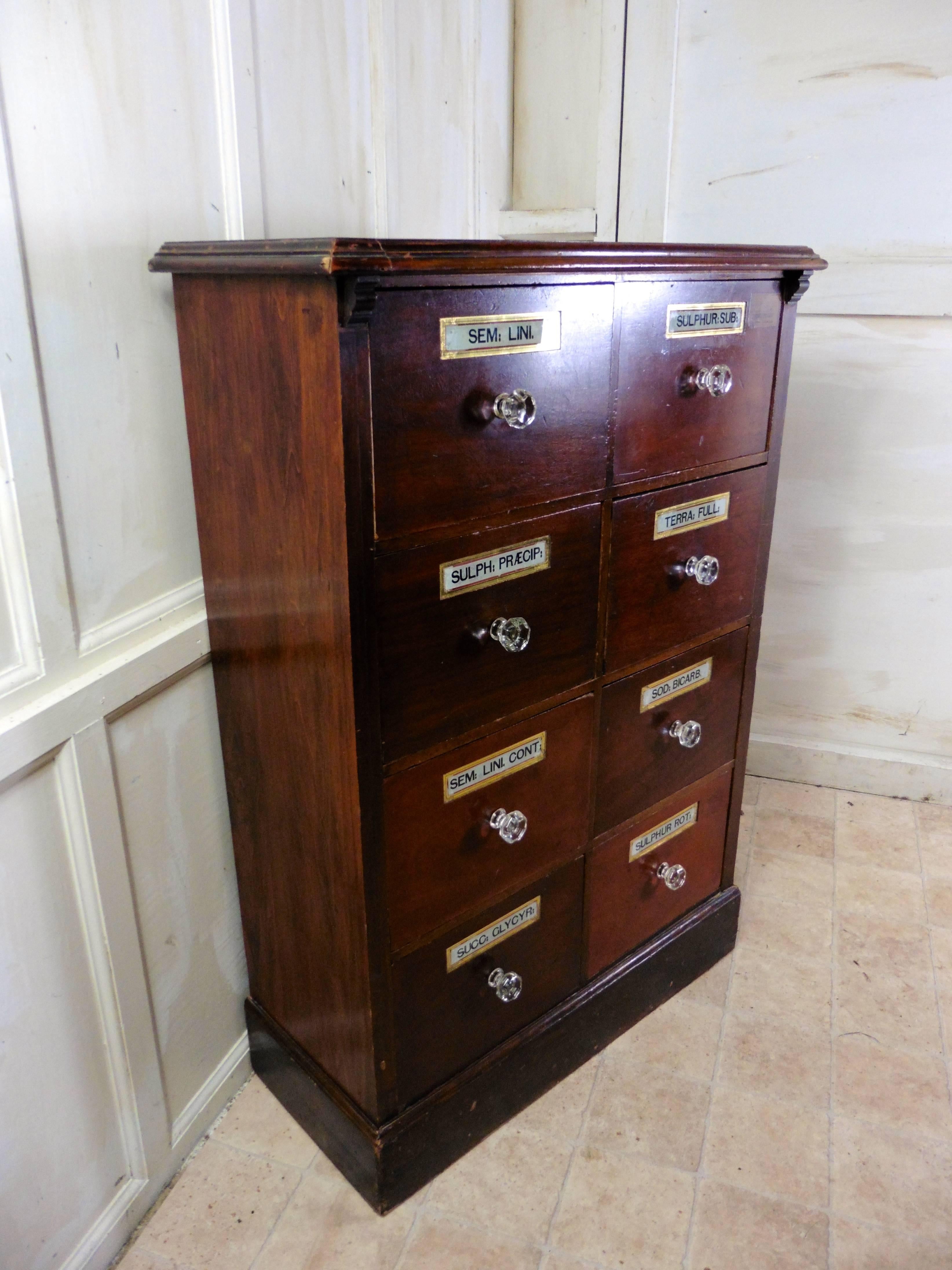 Industrial 19th Century Chemist Drawers, Eight-Drawer Mahogany Pharmacists Cabinet