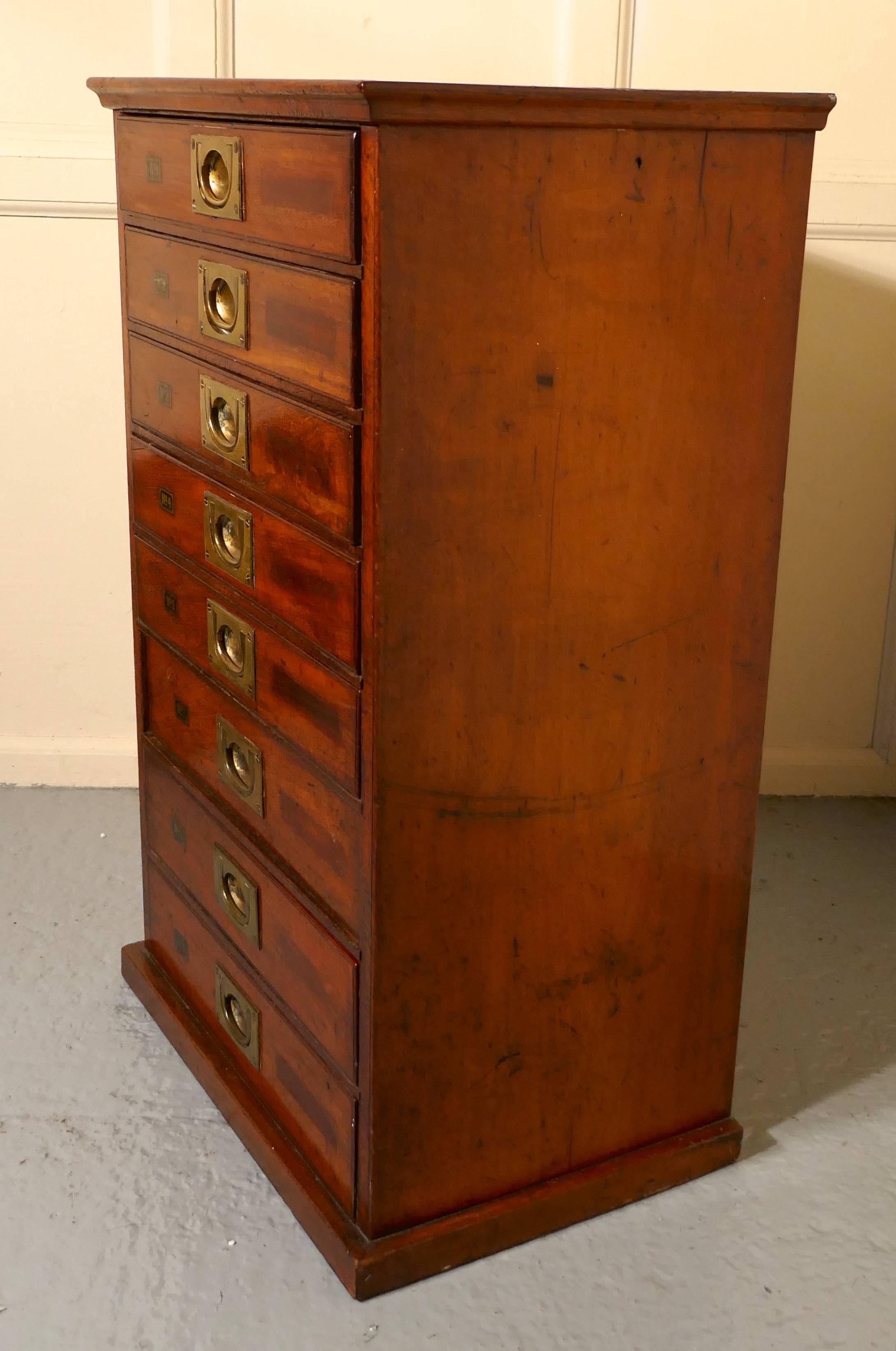 Mahogany eight-drawer filing cabinet 

This is a very useful piece, the cabinet has eight-drawers, the drawers are fitted with recessed campaign style brass handles and they are each numbered on the left hand side.

The cabinet is in good used