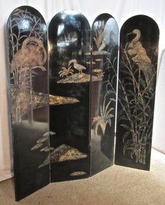 19th Century Black Lacquer Chinoiserie Four Fold Japanese Screen