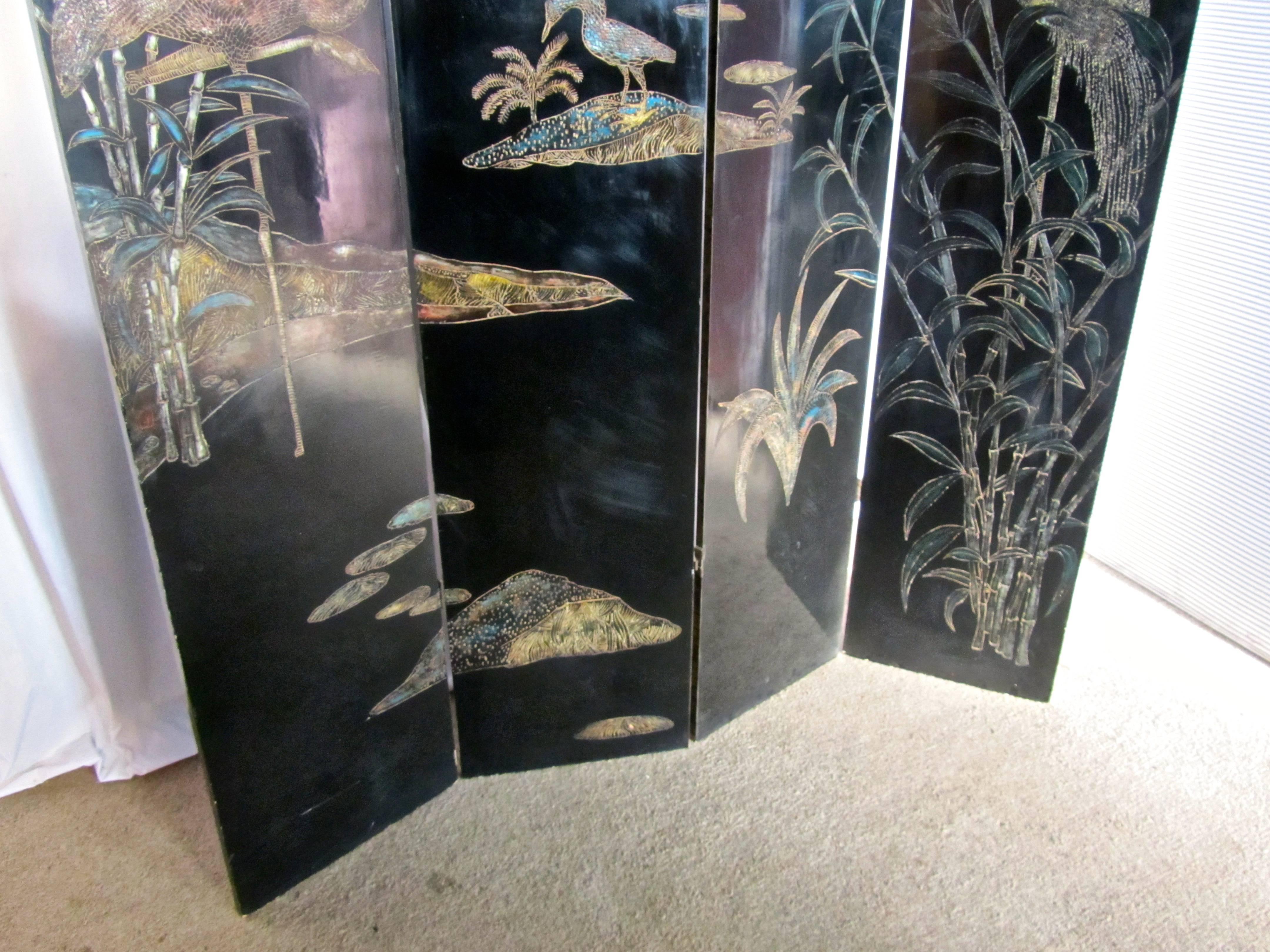 19th Century Black Lacquer Chinoiserie Four Fold Japanese Screen In Good Condition In Chillerton, Isle of Wight