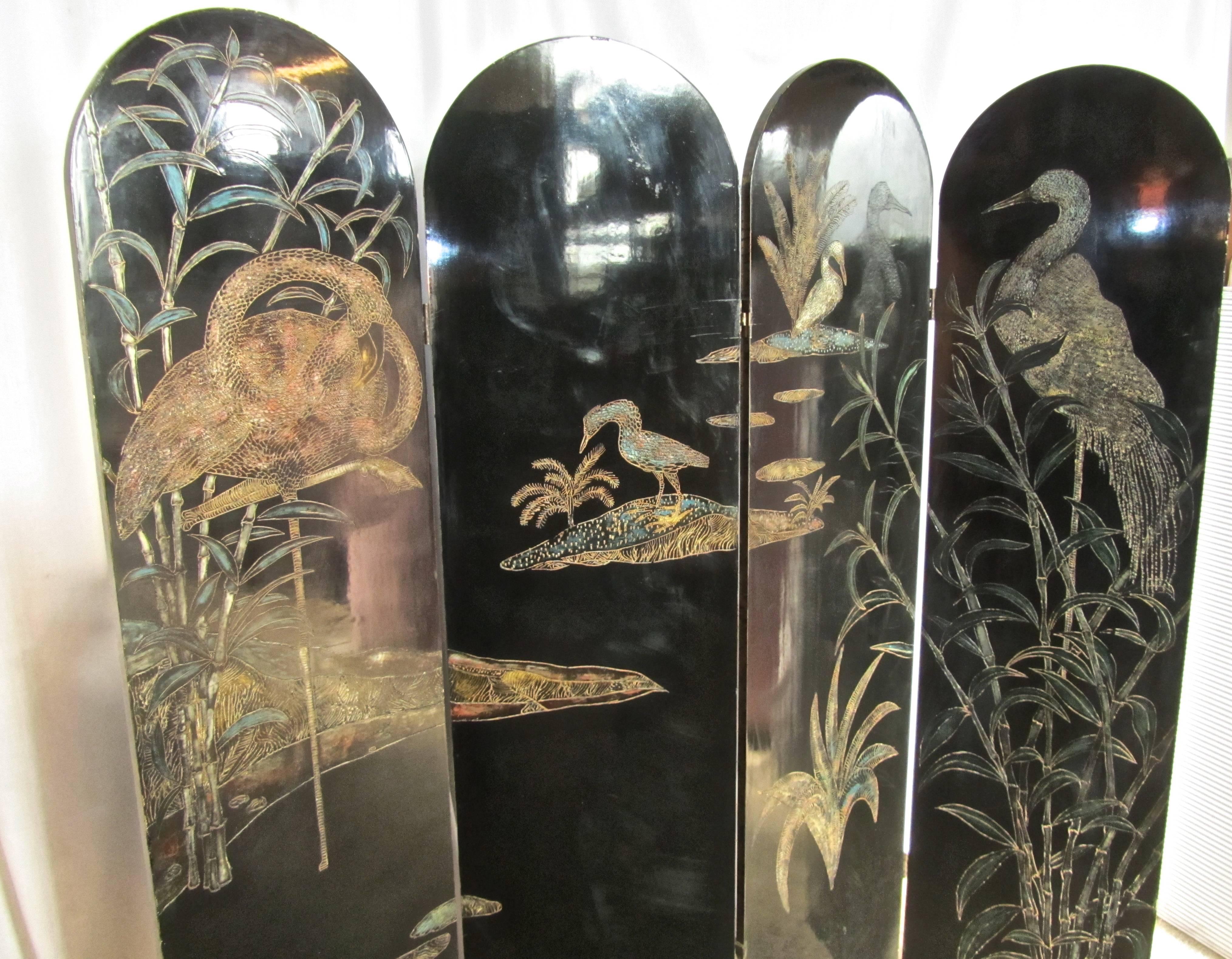 Late 19th Century 19th Century Black Lacquer Chinoiserie Four Fold Japanese Screen