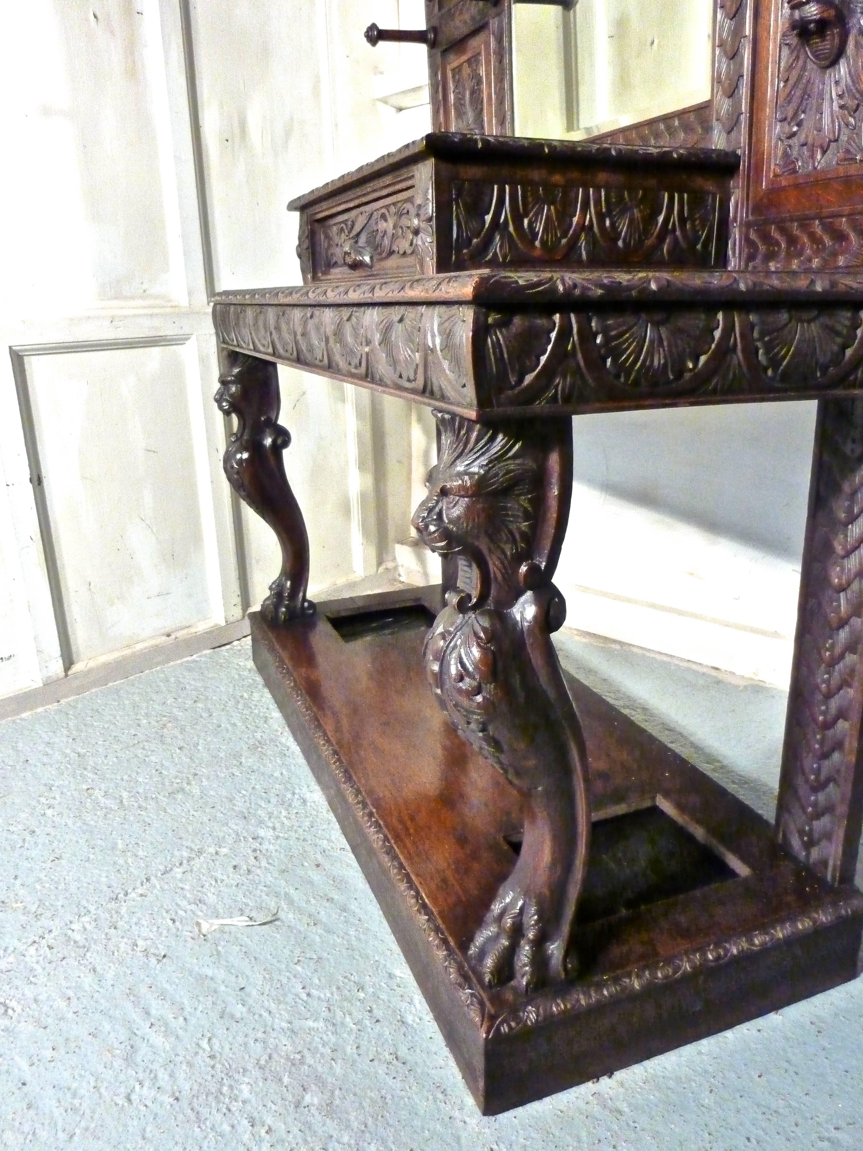 19th Century Superb Quality Victorian Green Man Gothic Carved Oak Hall Stand
