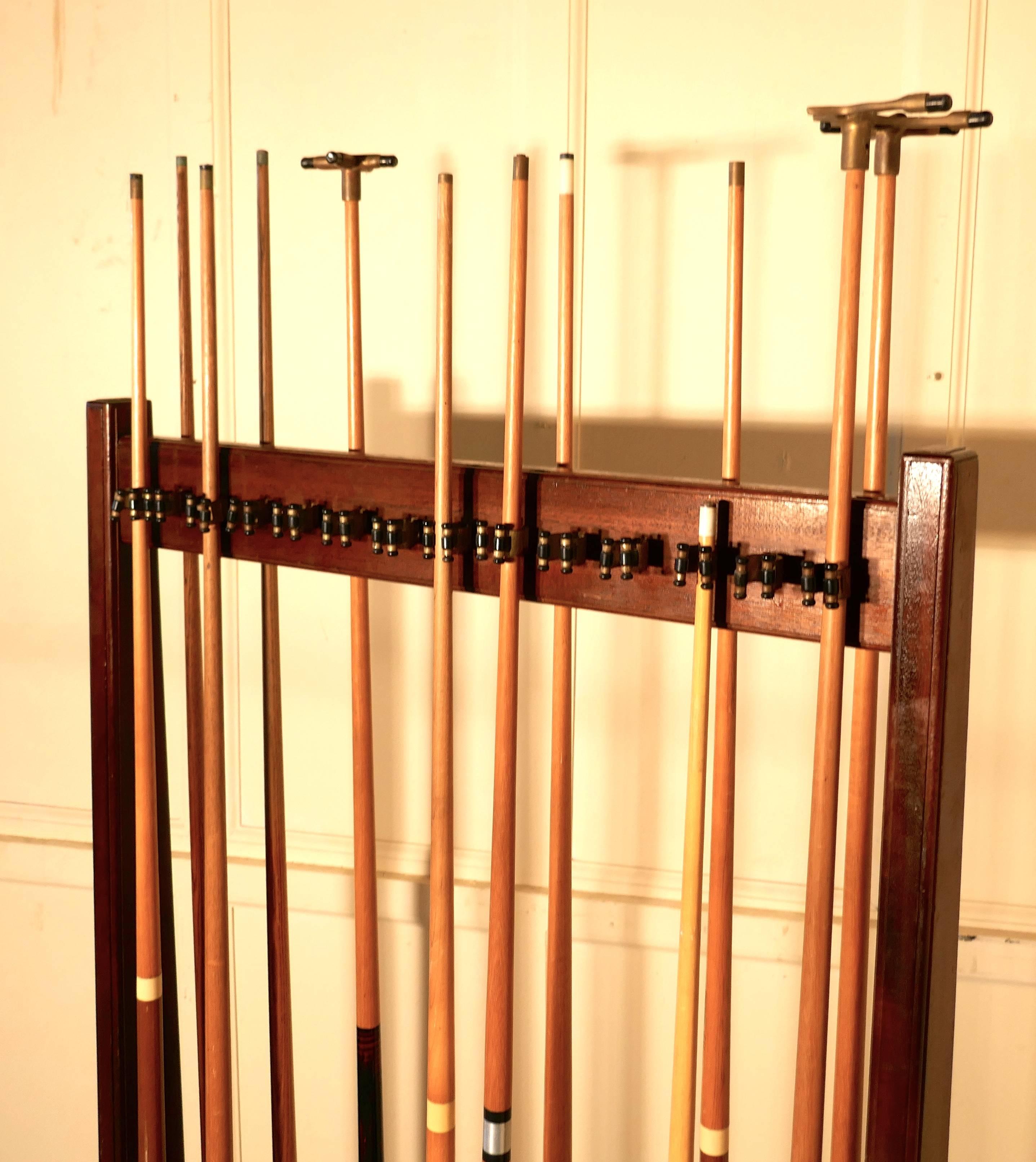 English Large 19th Century Mahogany 28 Snooker Cue Rack and Cues