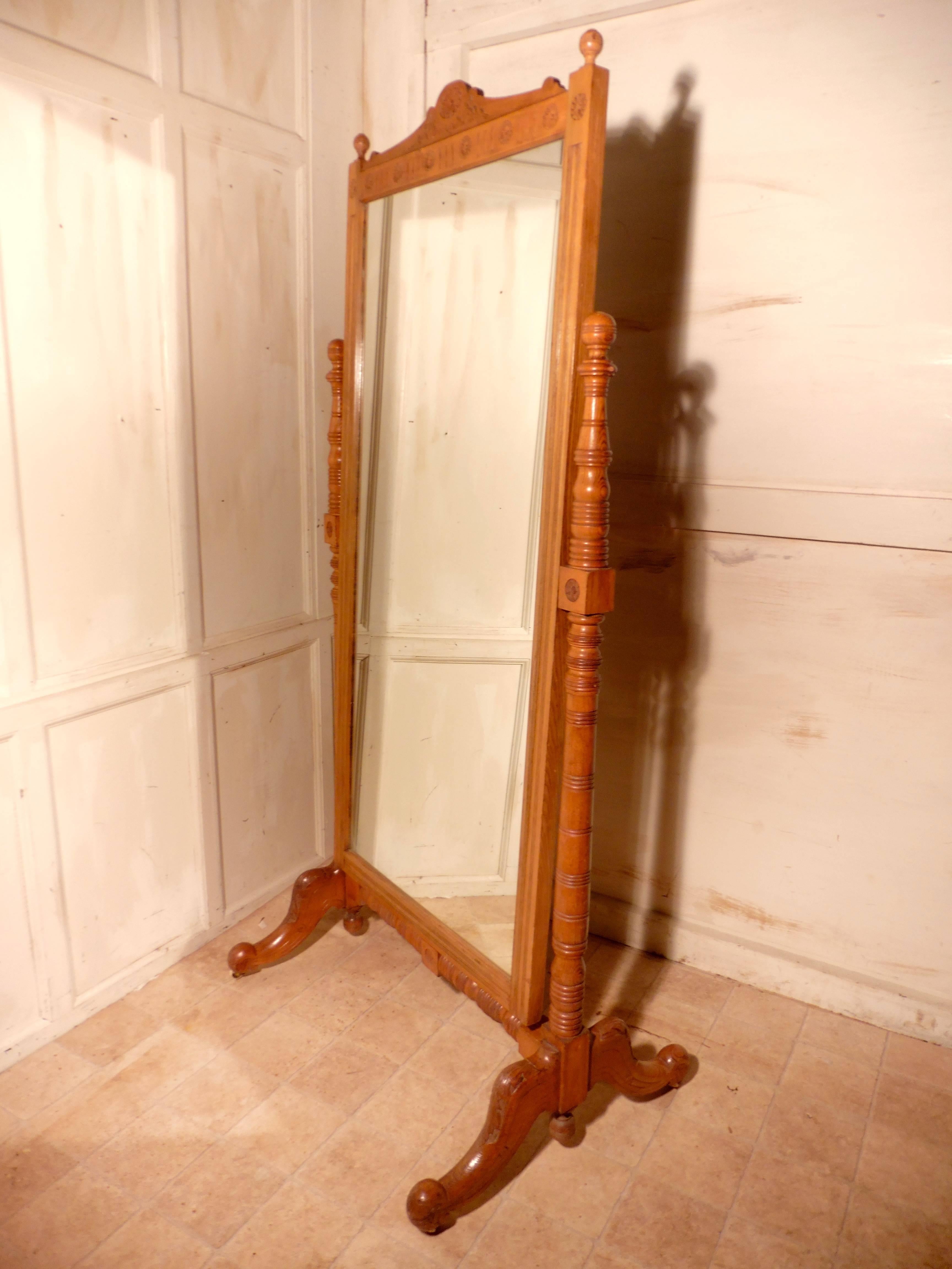 English Arts & Crafts Carved Ash Cheval Mirror