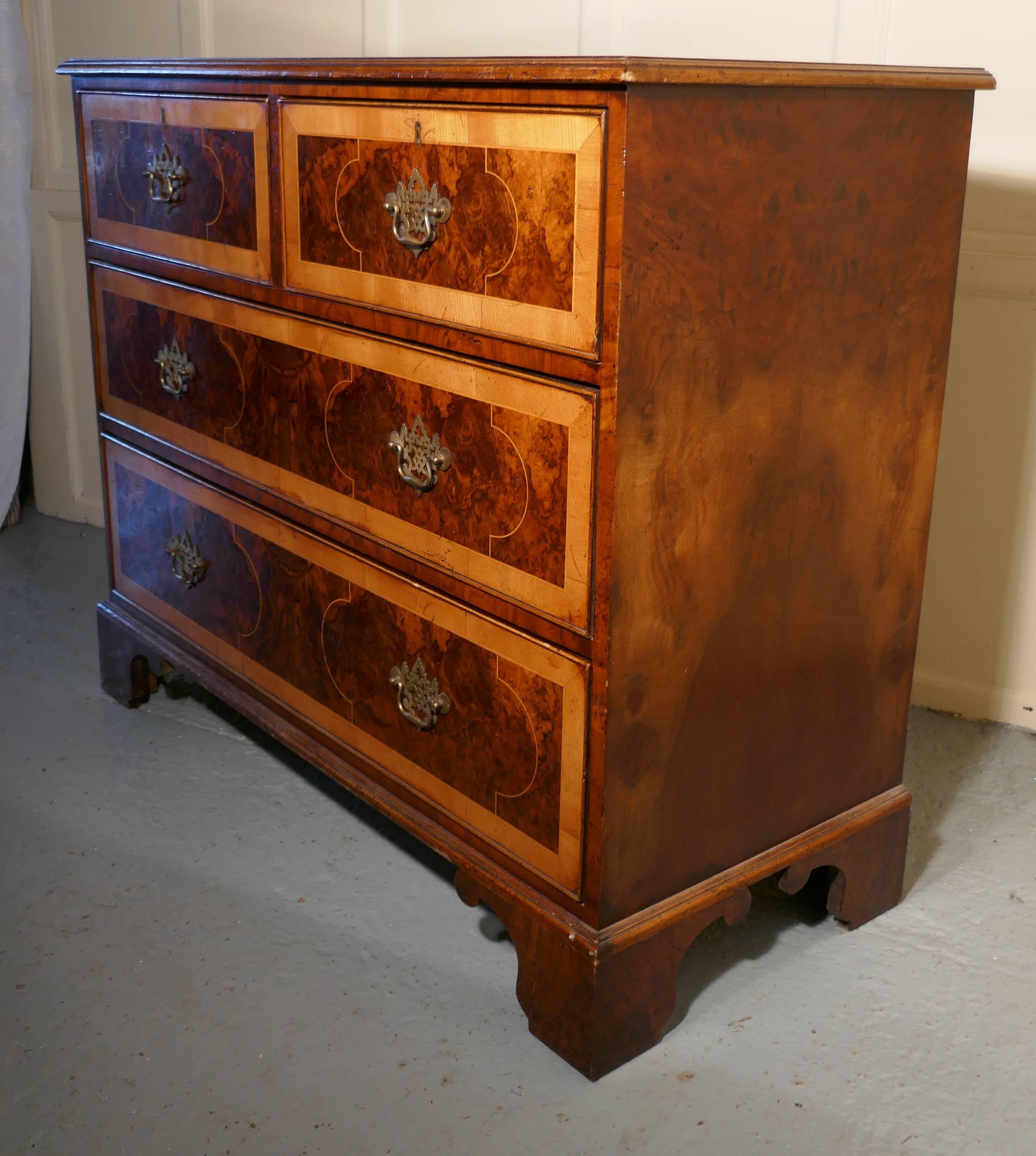 Early 19th century large inlaid walnut and satinwood chest of drawers

This is a wonderful looking piece, the chest is in Walnut the veneers are of the finest quality, they are excellently matched, even at the sides care has been taken to select
