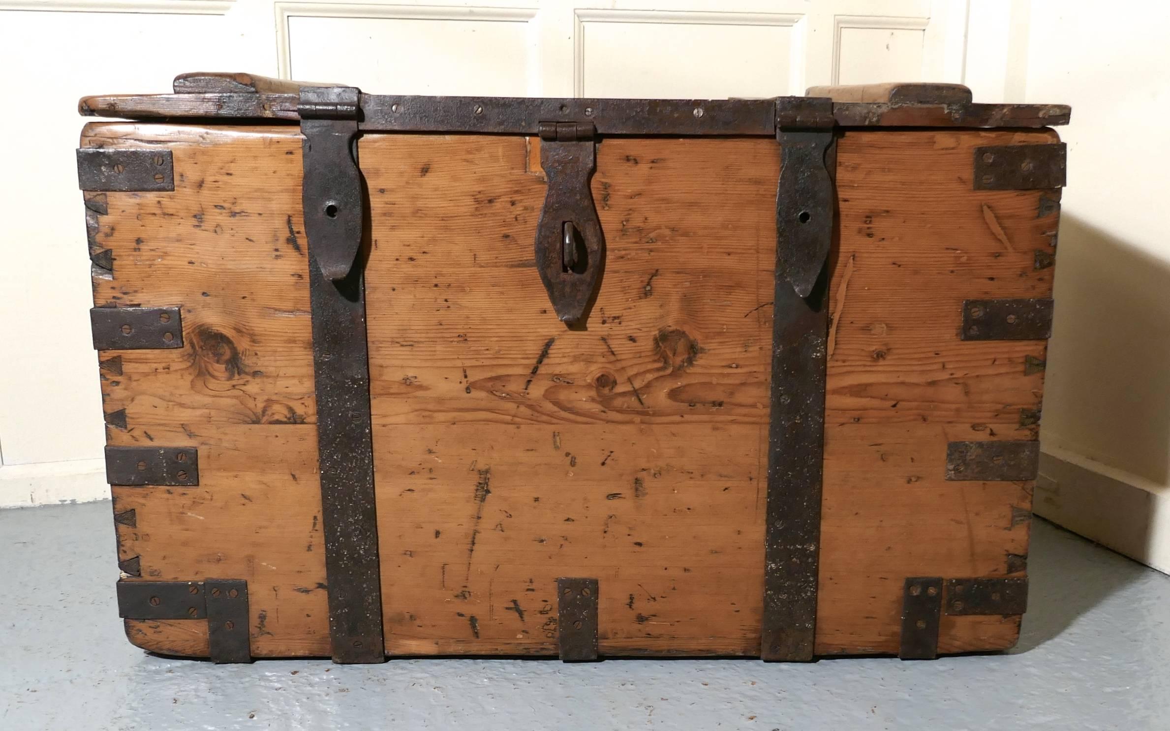 19th Century Victorian Pine and Iron Bound Sea Chest, Iron Bound Silver chest For Sale