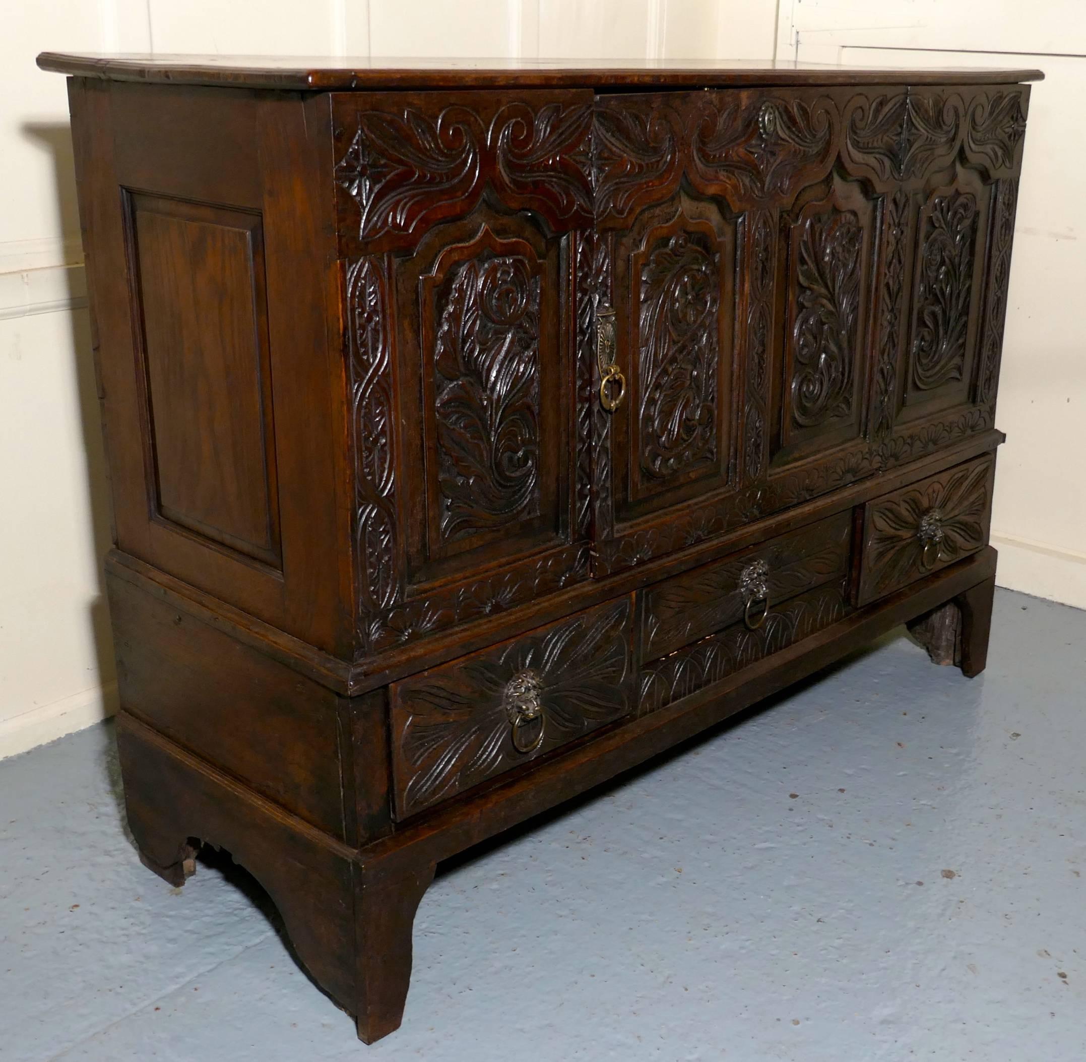 Large 18th Century Carved Oak Marriage Chest In Good Condition In Chillerton, Isle of Wight