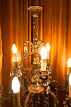 Charming Large French Crystal and Brass Nine-Branch Chandelier