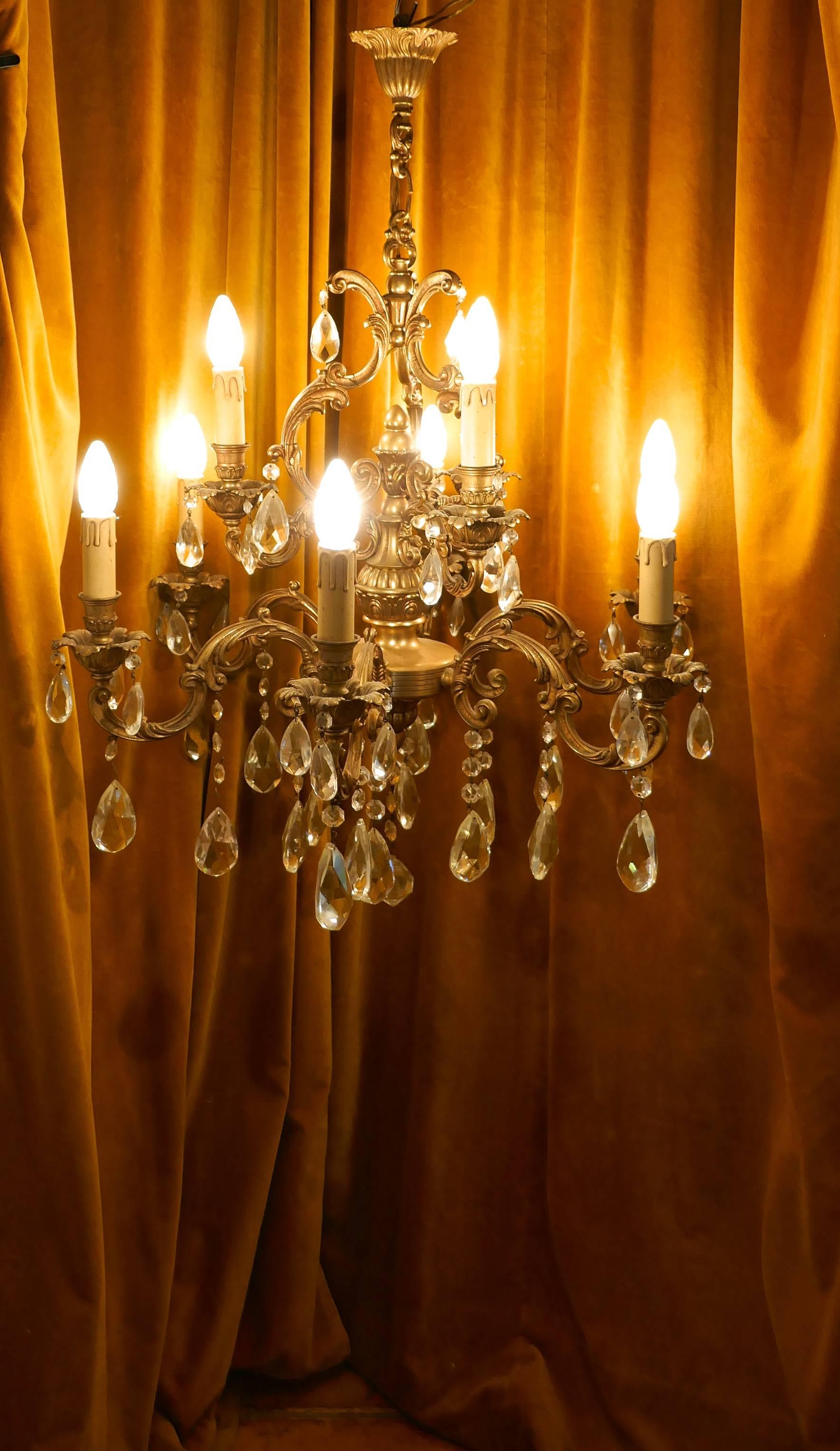 Rococo Charming Large French Crystal and Brass Nine-Branch Chandelier