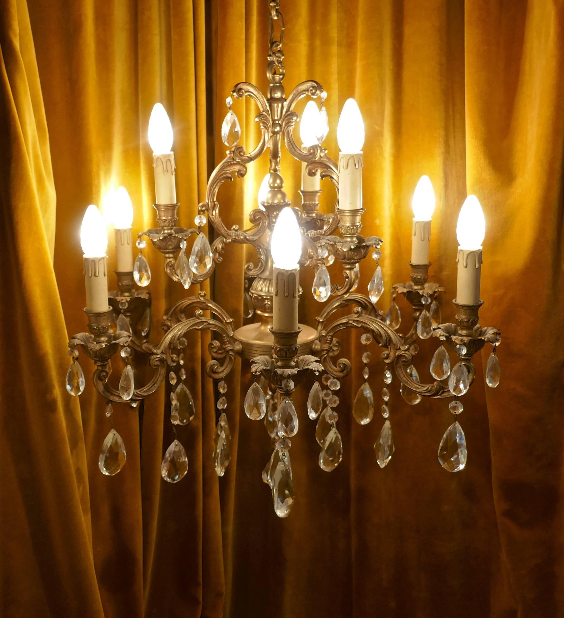 Charming Large French Crystal and Brass Nine-Branch Chandelier In Good Condition In Chillerton, Isle of Wight
