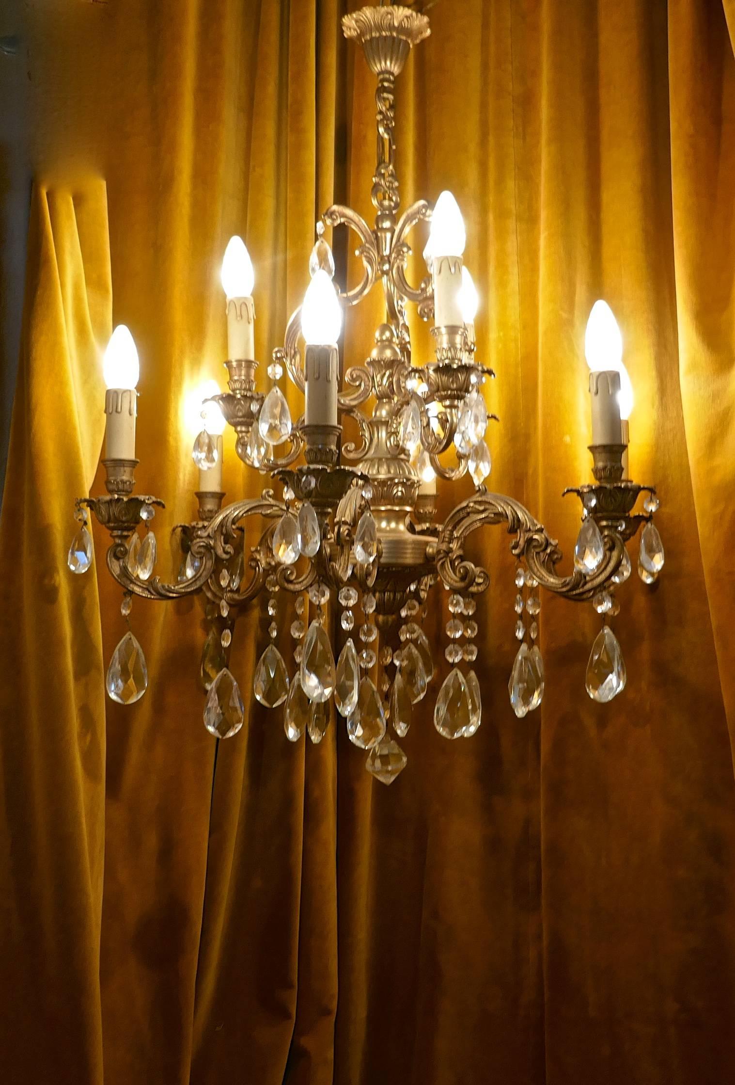 Charming Large French Crystal and Brass Nine-Branch Chandelier 1