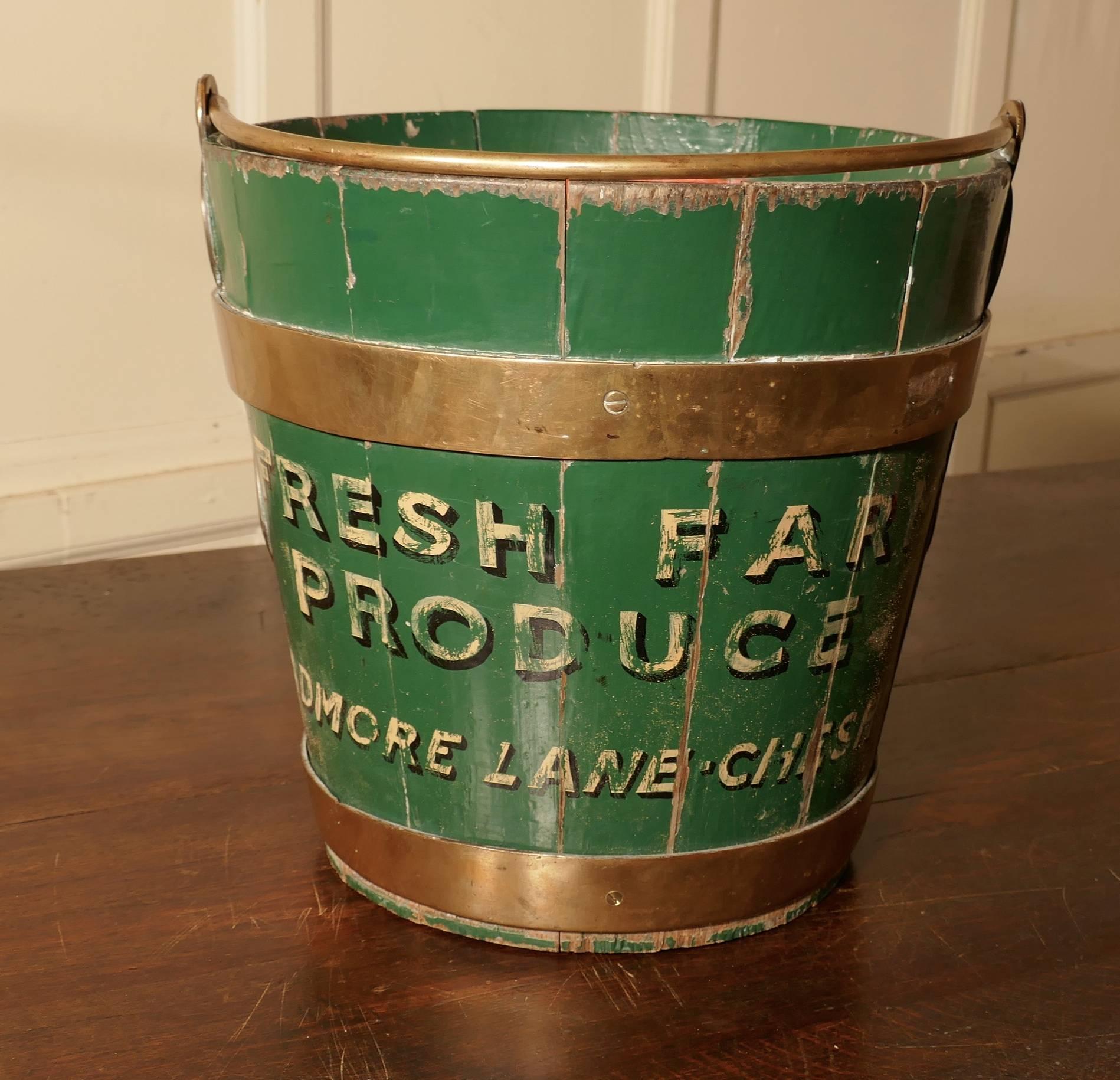 A 19th century painted and brass dairy bucket or milk pail

A delightful piece of rural history, brightly painted in green with a red interior, on the outside we have the owners name “Cheshut dairies”
This is coopered pail brass of strong quality