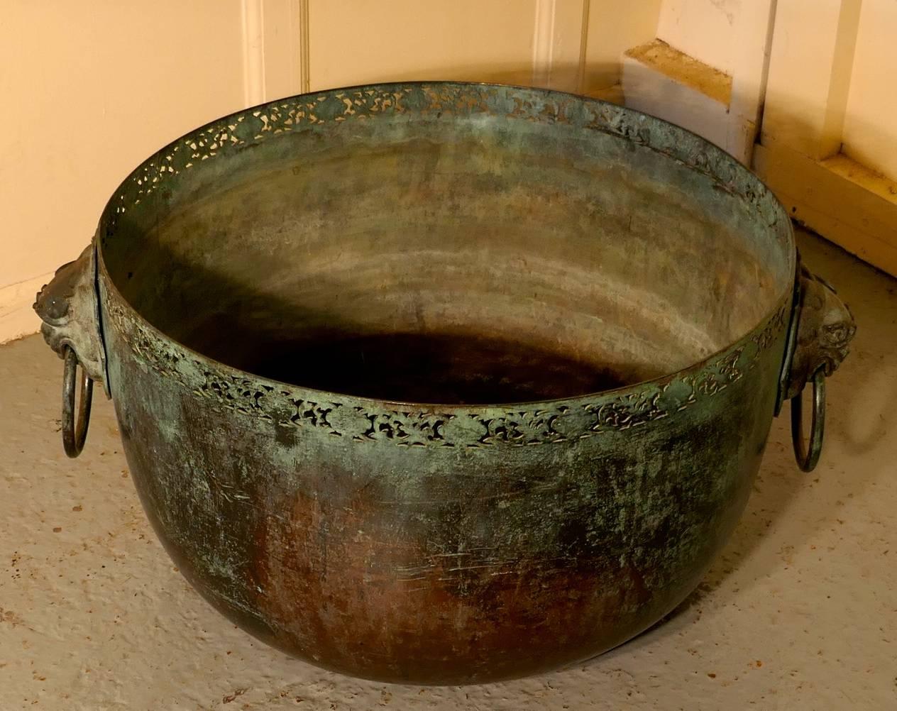 Large Bronze Temple Water Bowl with Lion Dog Mask Ring Handles, 1850 3