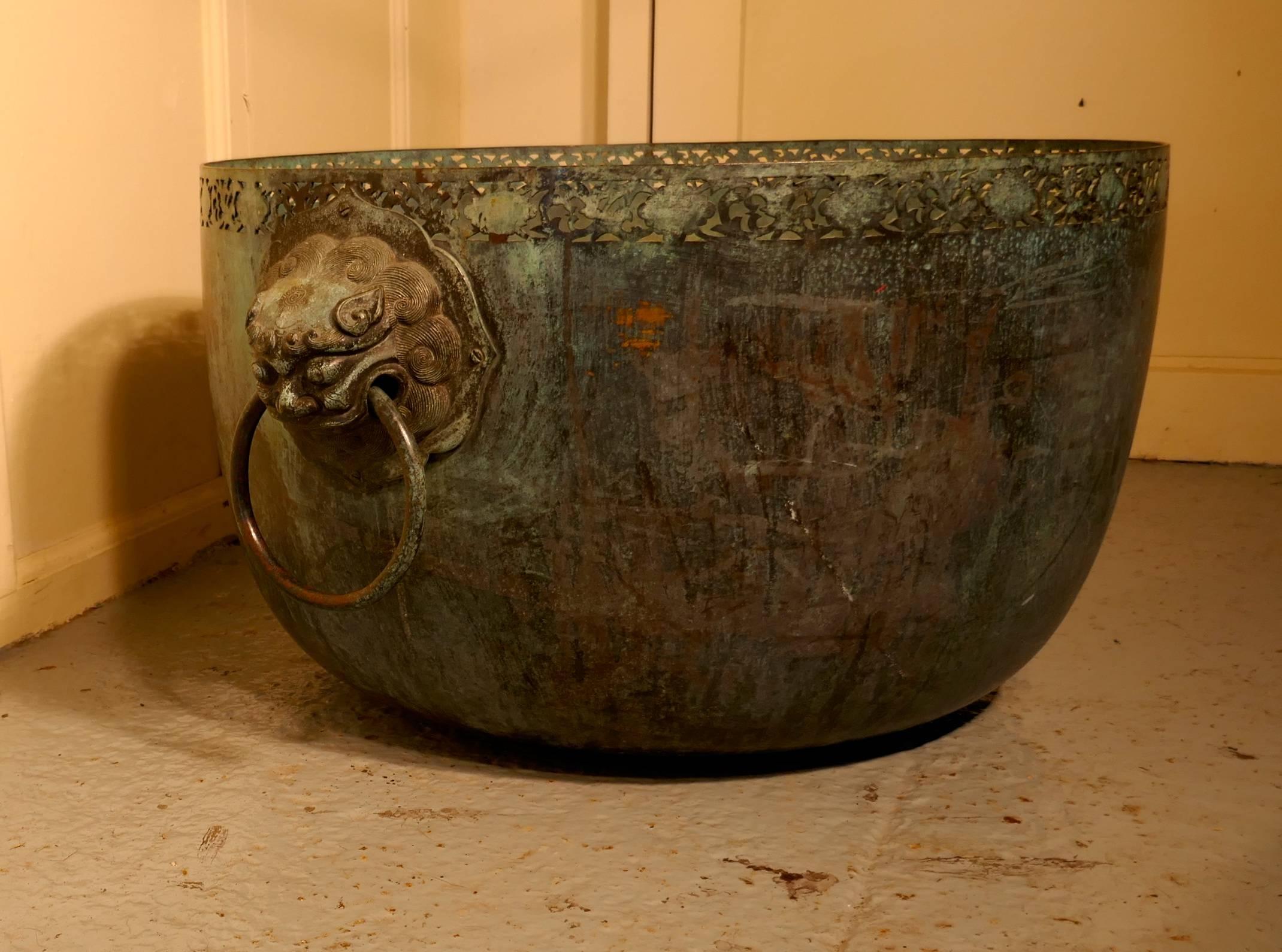 Asian Large Bronze Temple Water Bowl with Lion Dog Mask Ring Handles, 1850