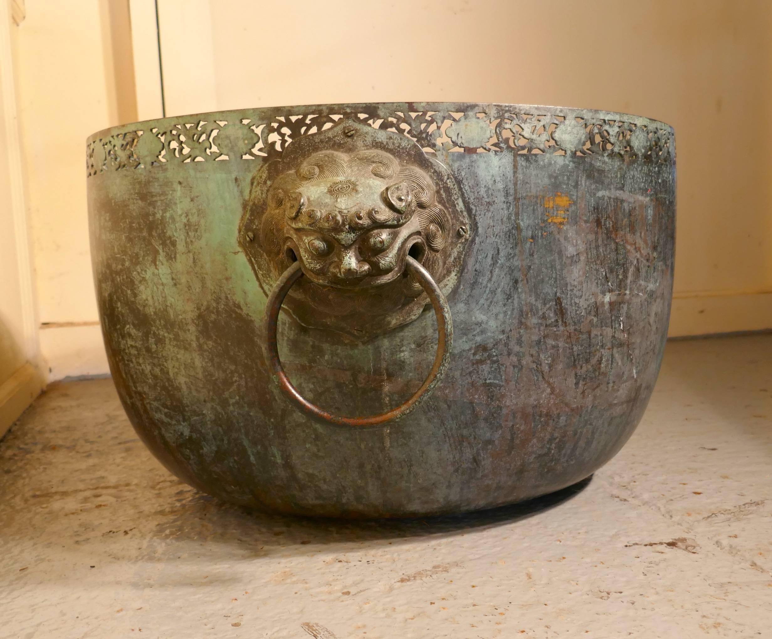 Qing Large Bronze Temple Water Bowl with Lion Dog Mask Ring Handles, 1850