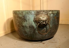 Large Bronze Temple Water Bowl with Lion Dog Mask Ring Handles, 1850