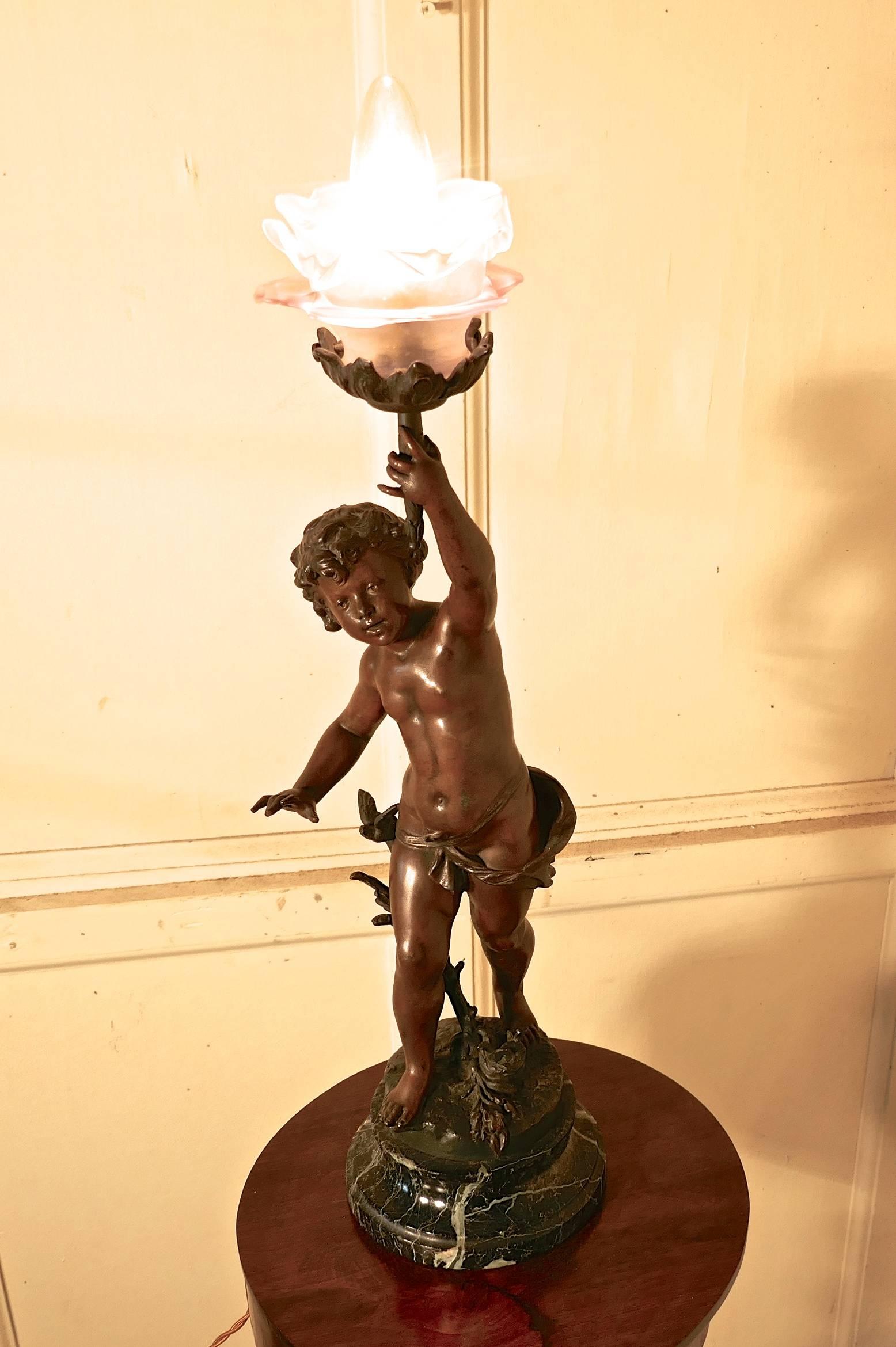 French Bronze Lamp of a Cherub or Putti after Ernest Justin Ferrand
