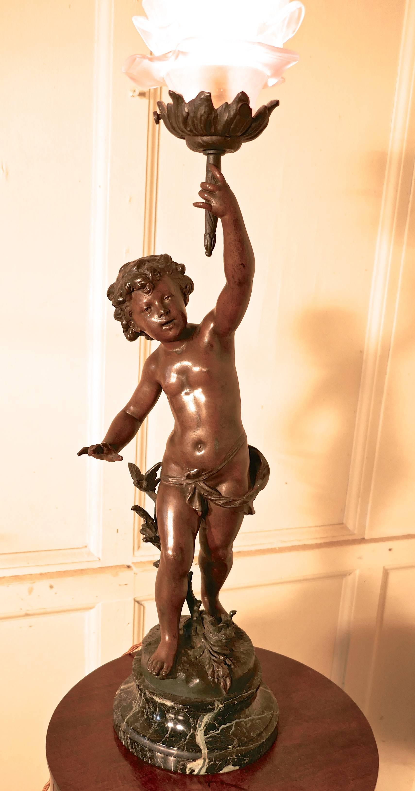Bronze Lamp of a Cherub or Putti after Ernest Justin Ferrand In Good Condition In Godshill, Isle of Wight