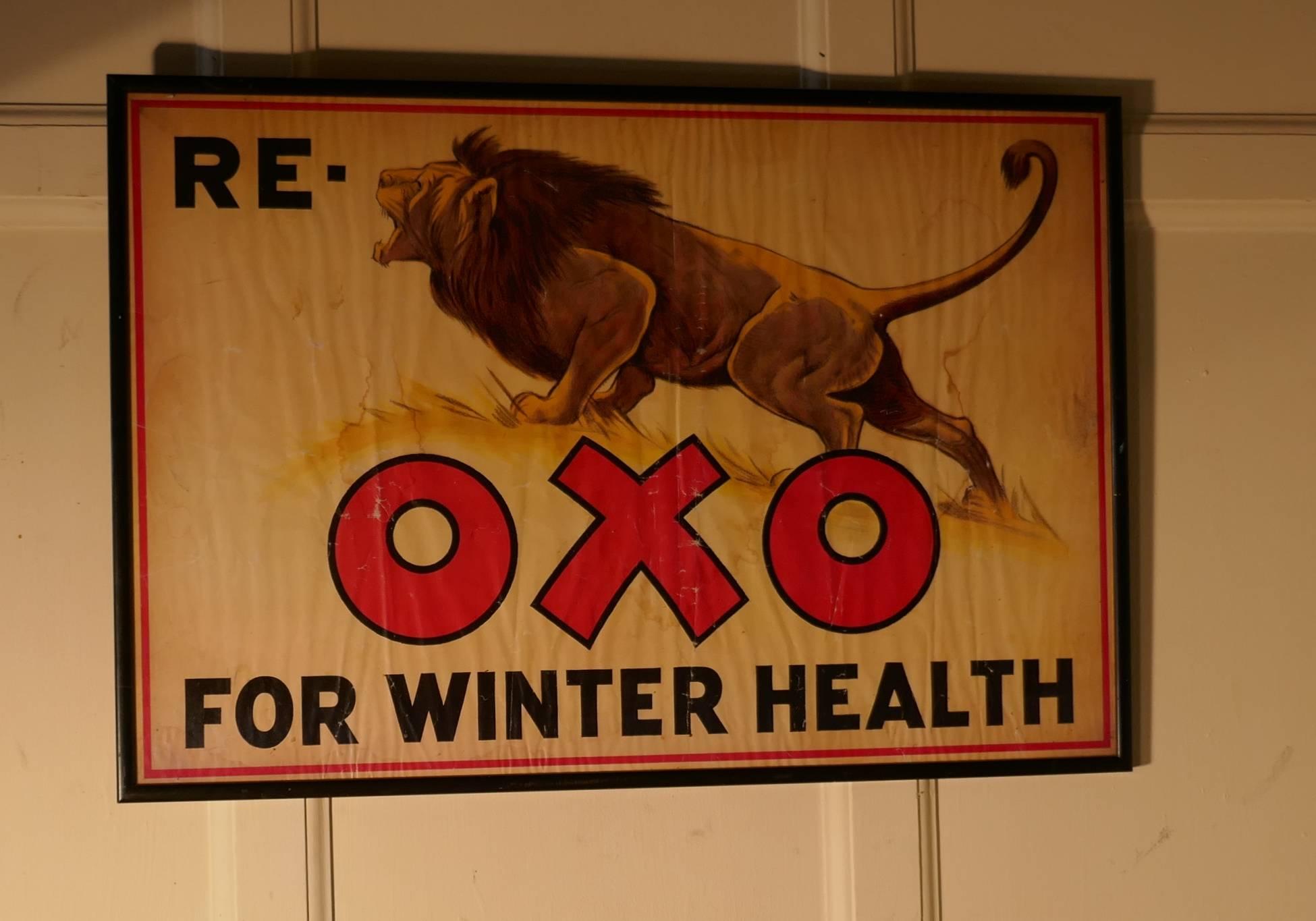A charming advertising sign, Re Lion Oxo for Winter Health

This is delightful piece showing a very fierce lion (Re-Lion) the sign is an original grocer shop print, the frame is not the original but quite old and has protected the print for many