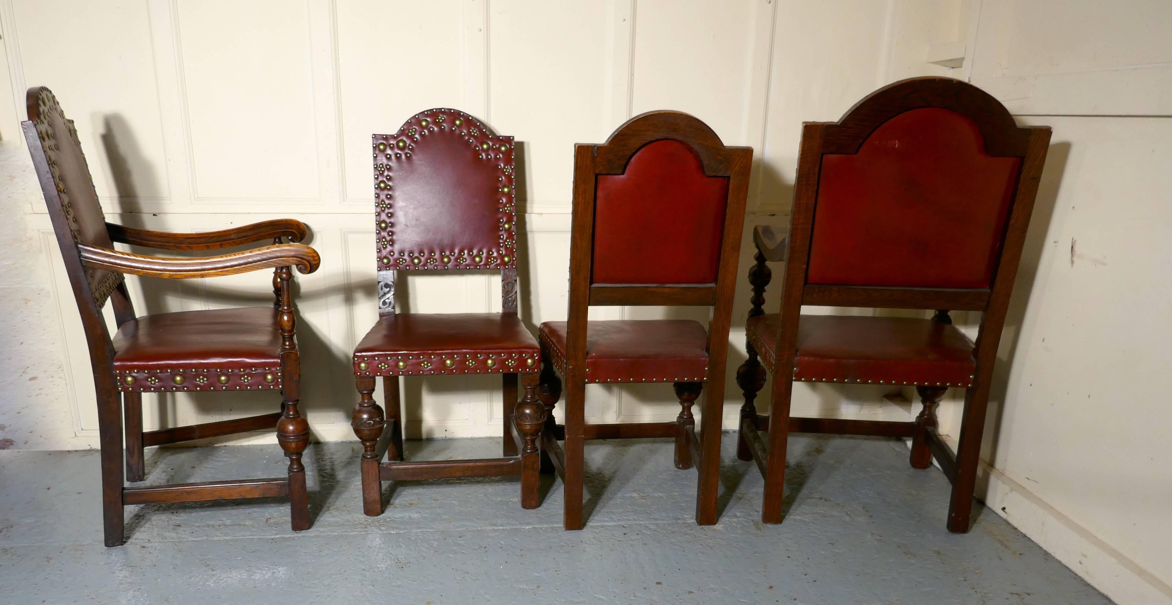 Set of eight Gothic oak dining chairs by Gillows
 
This is a superb quality heavy weight set of dining chairs by Gillows
The set has two carver and six single chairs, they are upholstered in dark red leather with brass studs decorating the high