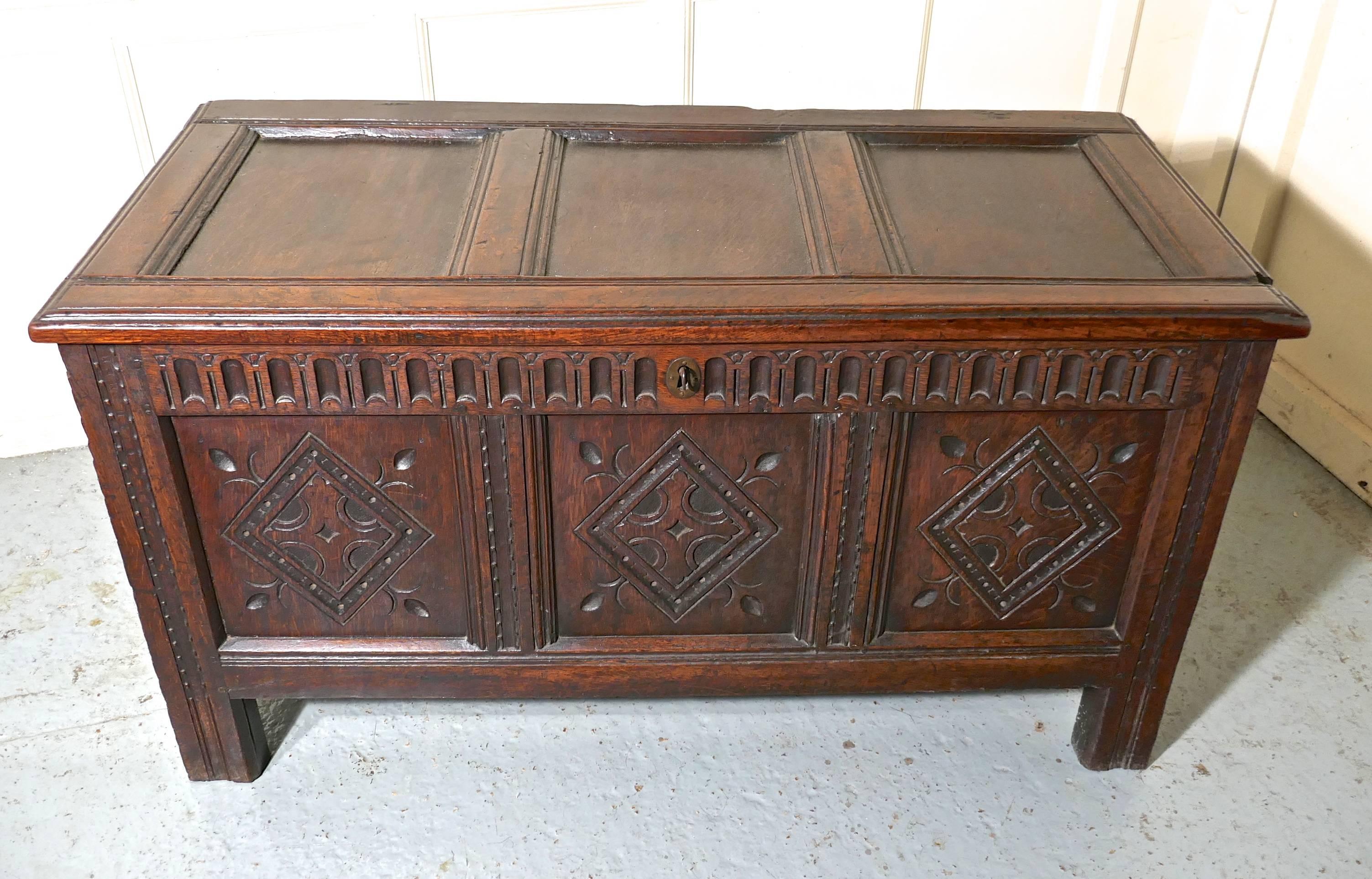 Late 17th Century 17th Century Carved Oak Coffer, with Key
