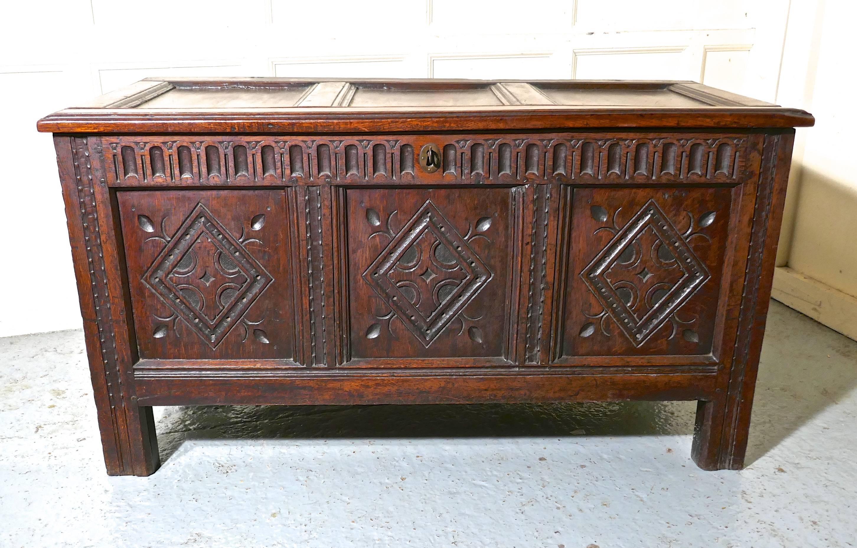 17th Century Carved Oak Coffer, with Key 2