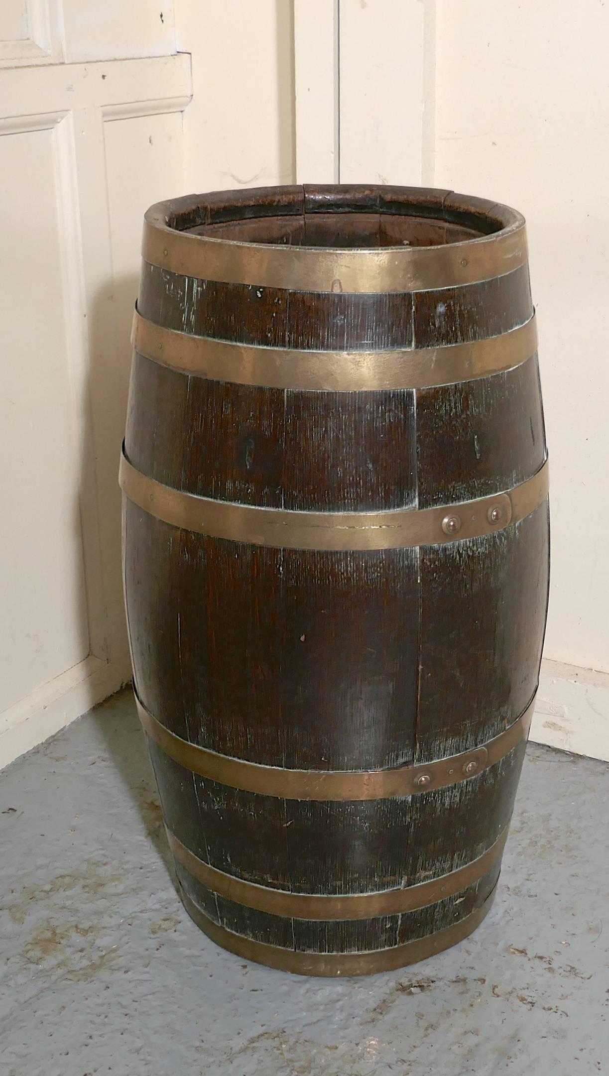 Rustic Large Brass and Oak Barrel Stick Stand