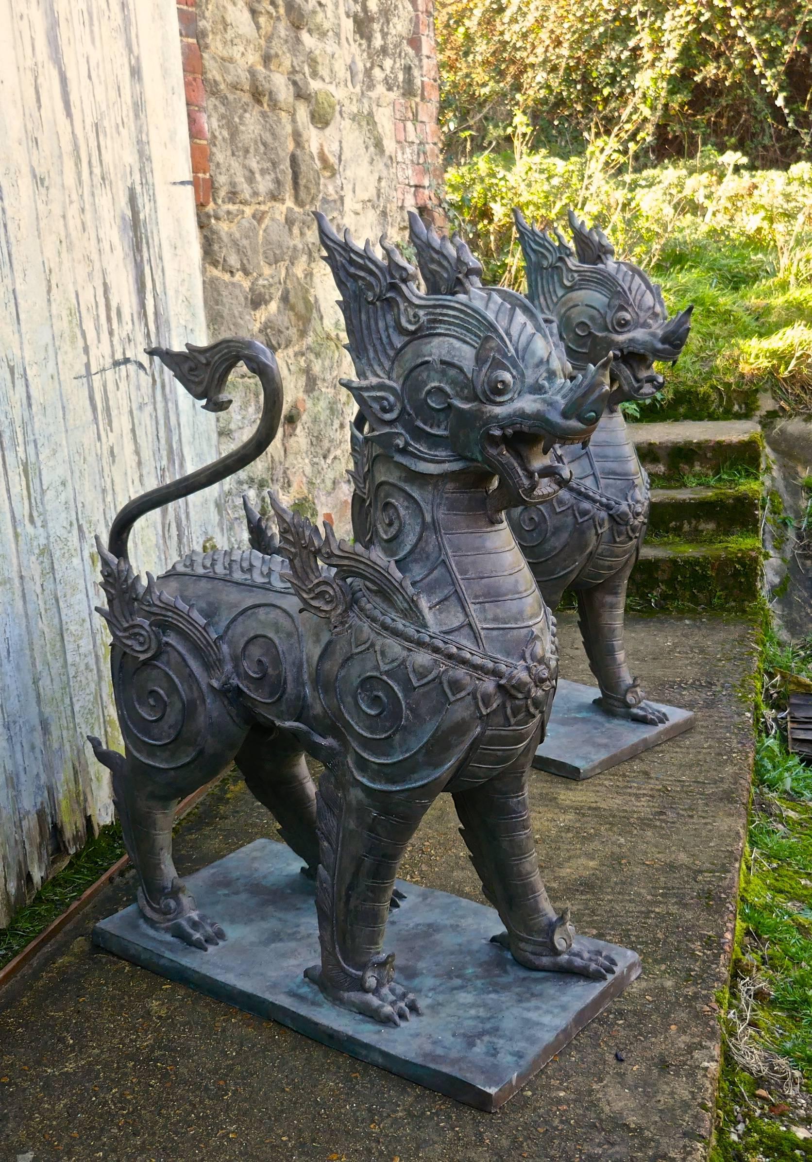 Medieval Pair of Large Bronze Thai Temple Guardian Foo Lion Dogs