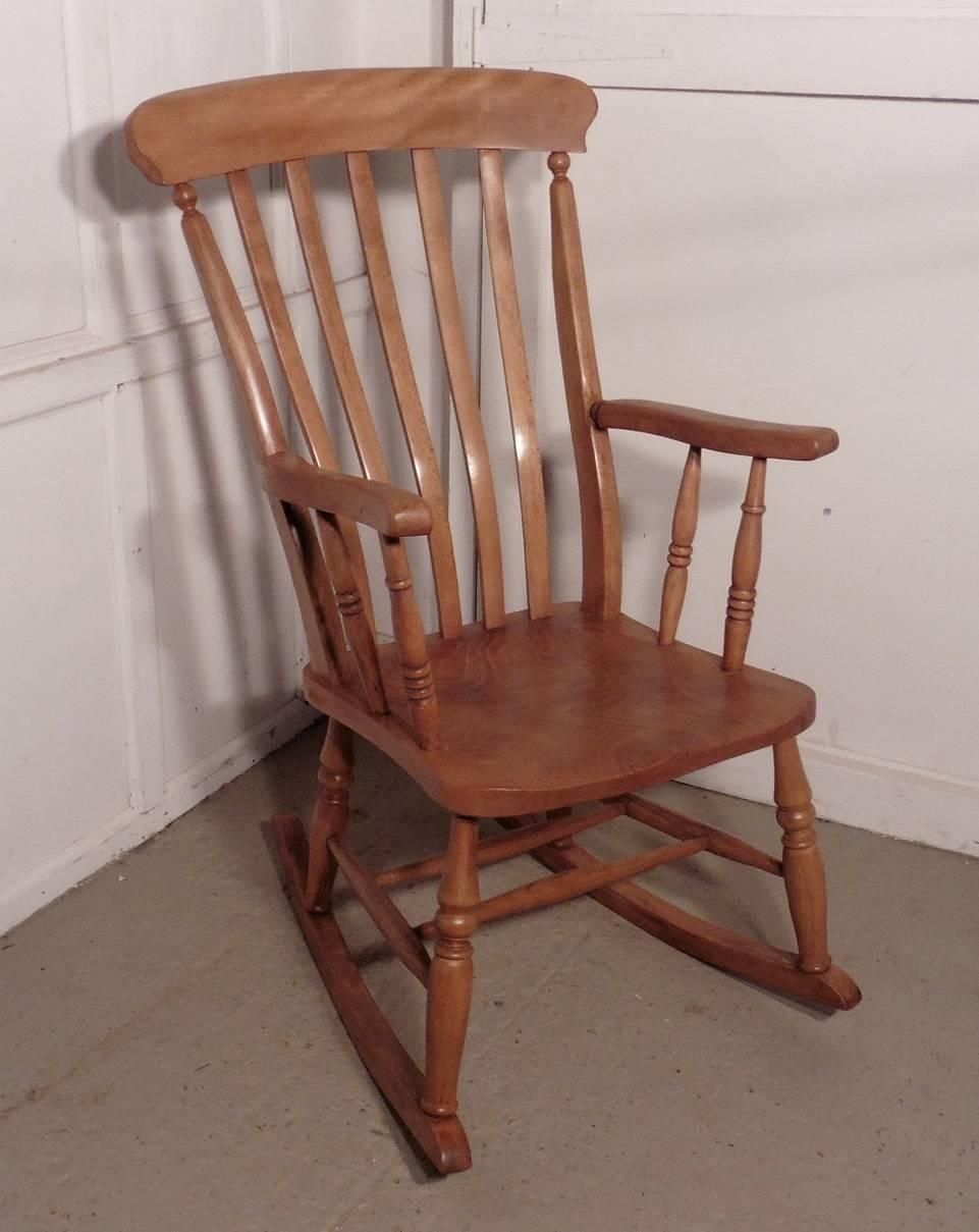 19th Century Victorian Beech and Elm Slat Back Carver Rocking Chair