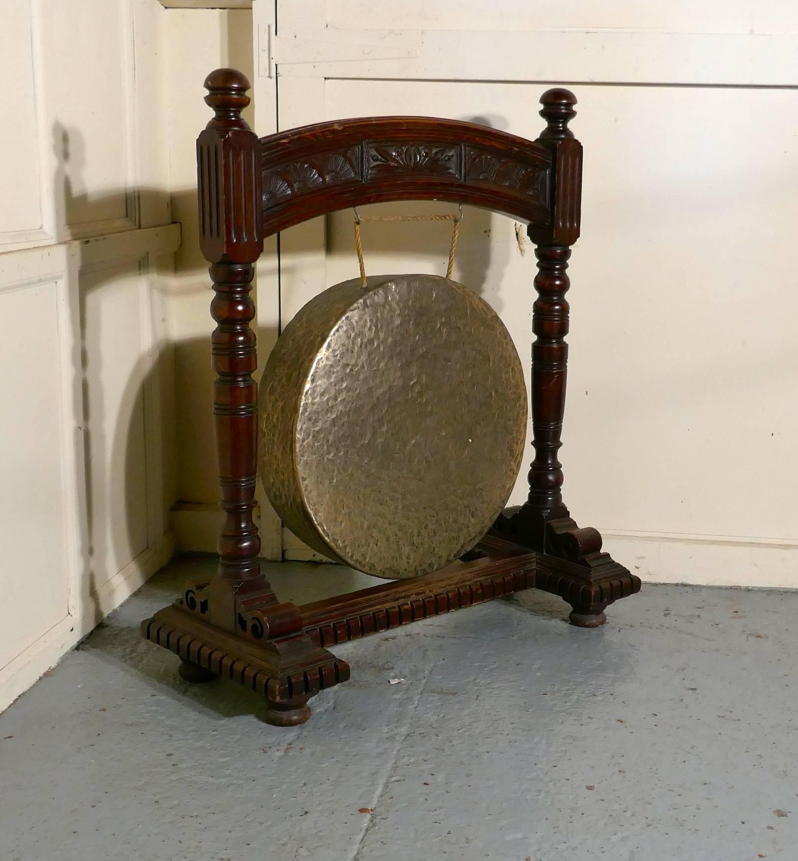 English Large Gothic Carved Oak and Brass Dinner Gong