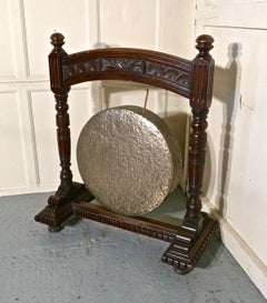 Large Gothic Carved Oak and Brass Dinner Gong