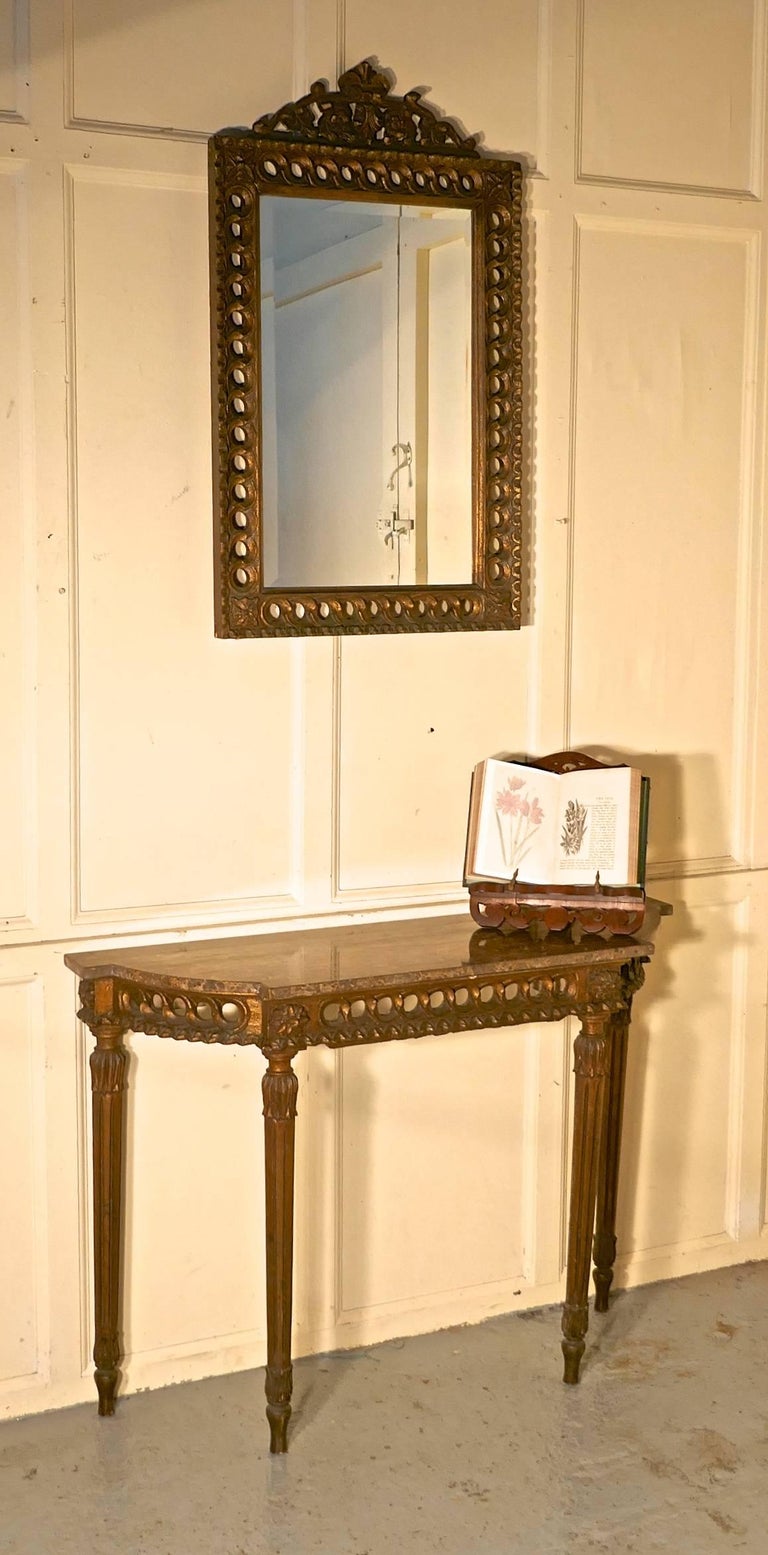 Charming, Carved French Gilt Console or Hall Table with Matching Mirror