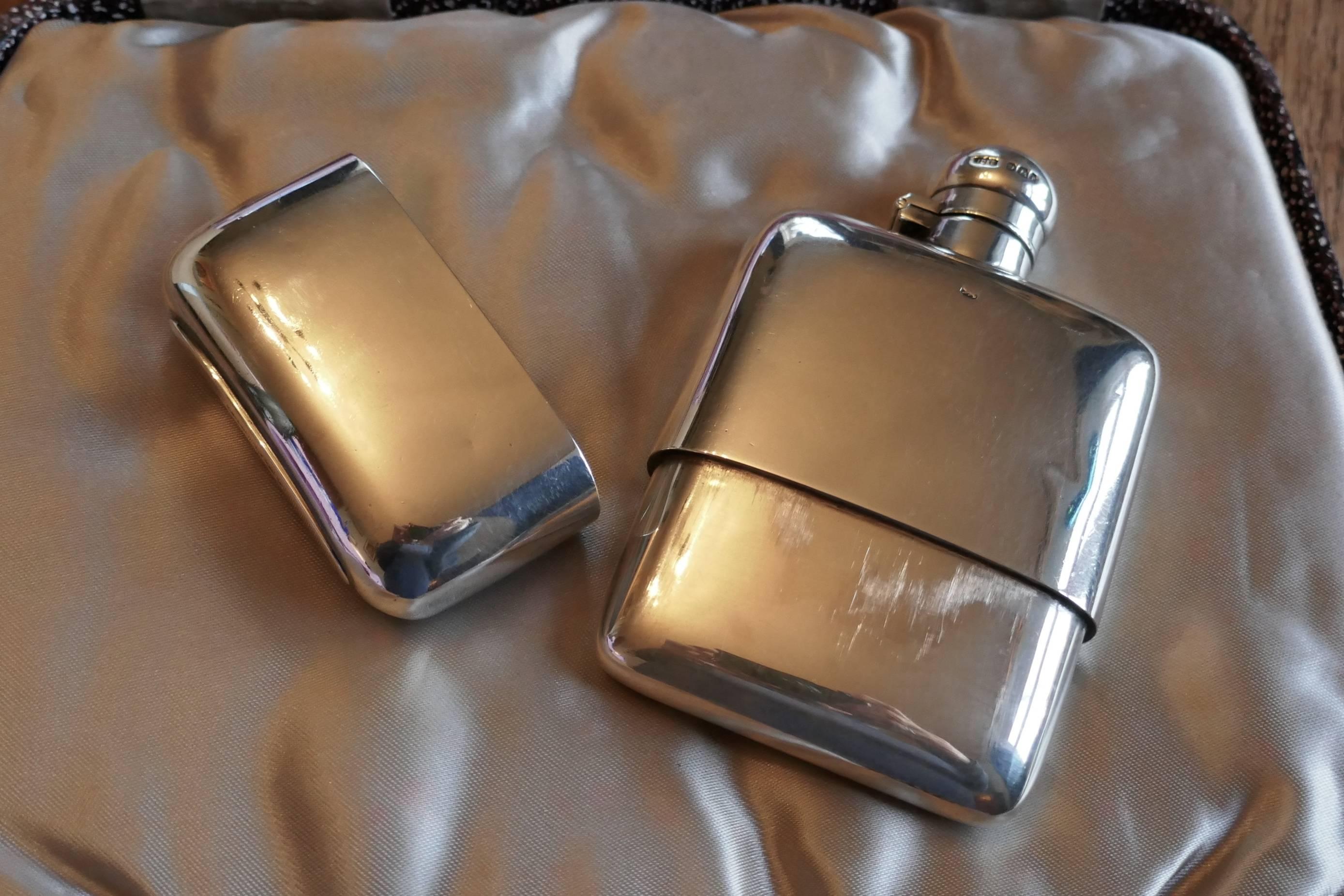 Art Deco Silver Hallmarked Hip Flask and Cup by J Dixon, Sheffield, 1909