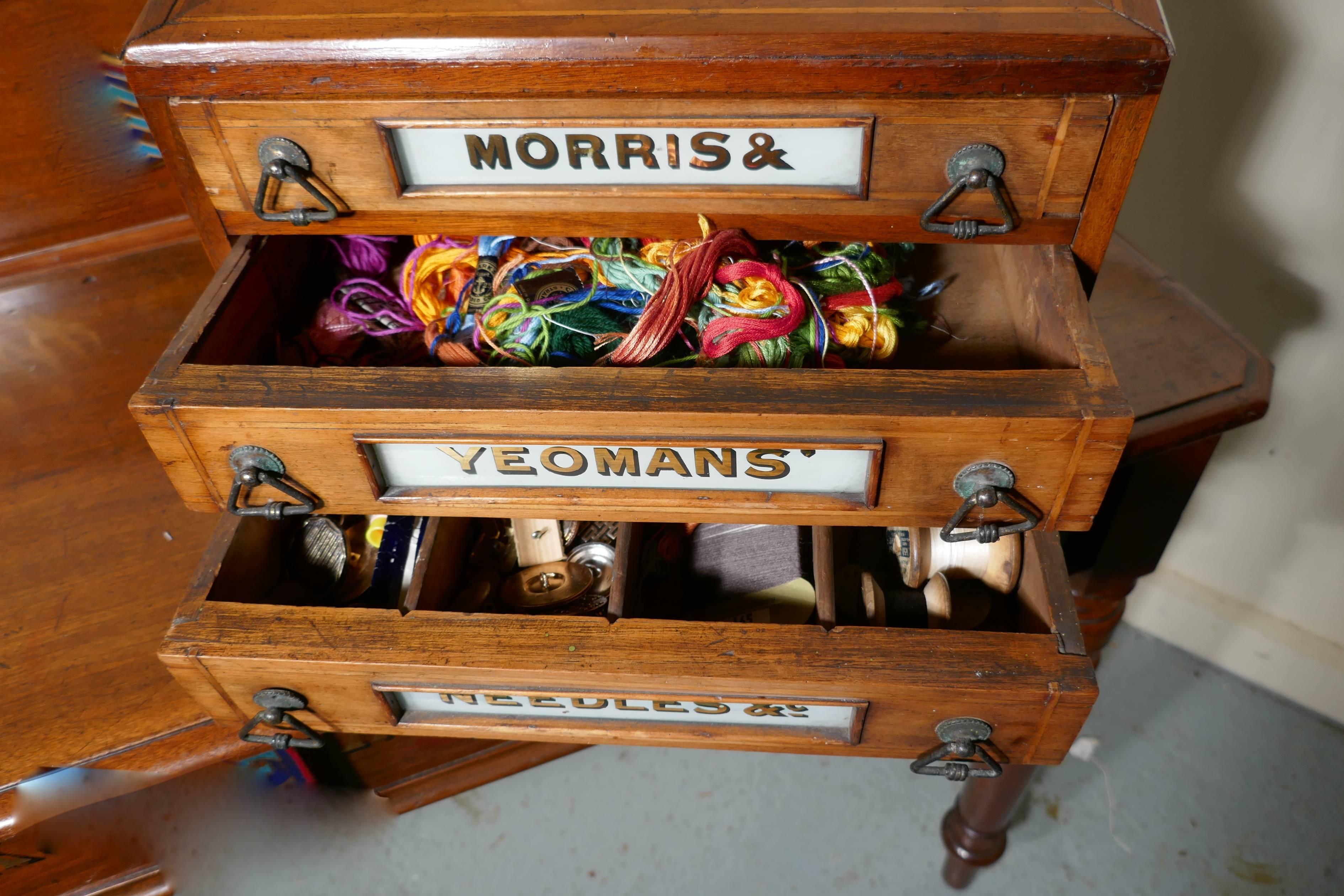 Morris and Yeoman’s Needles & Co. Haberdashery Advertising Three-Drawer Cabinet In Good Condition In Chillerton, Isle of Wight