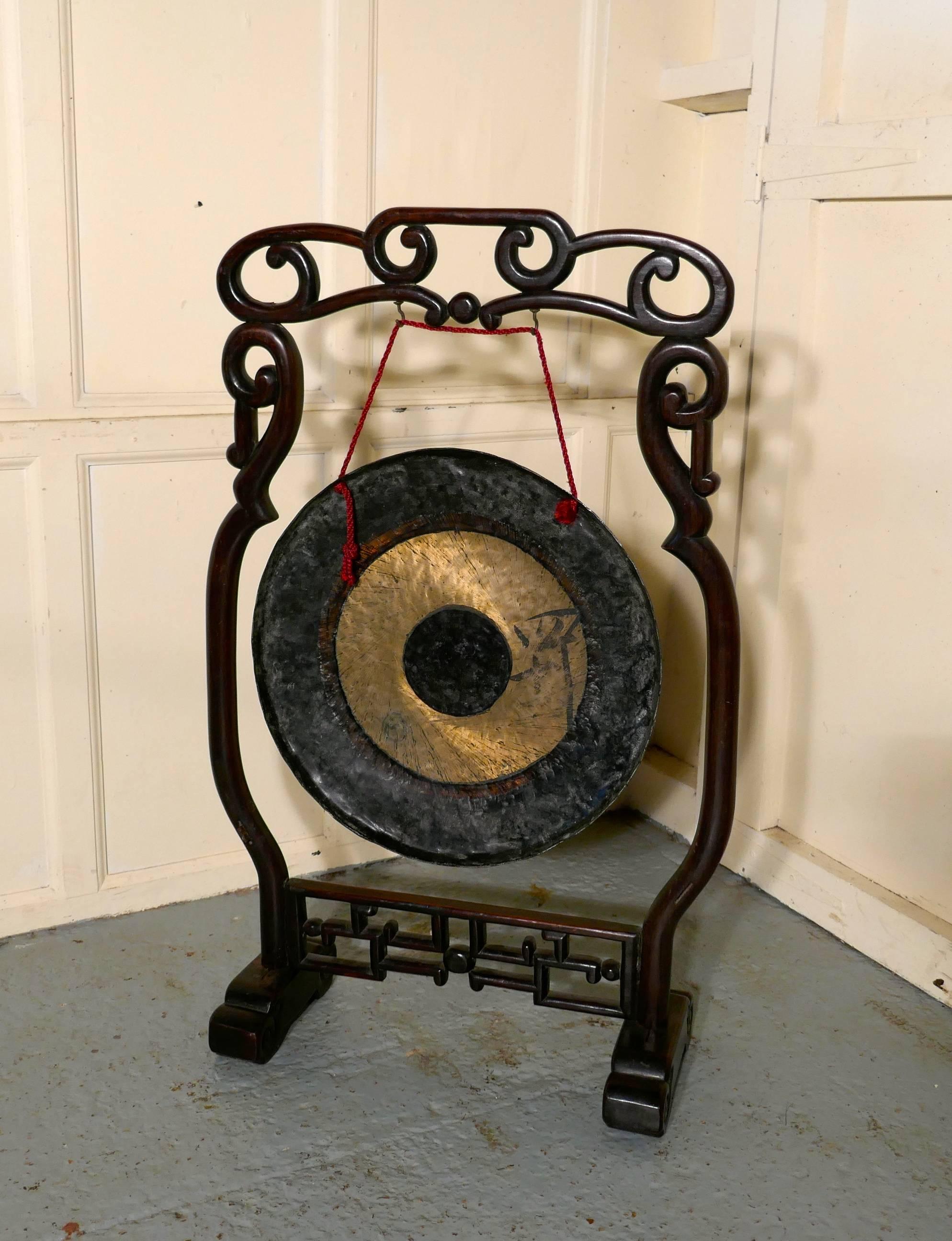 Chinese Chippendale Oriental Rosewood, Brass Dinner Gong