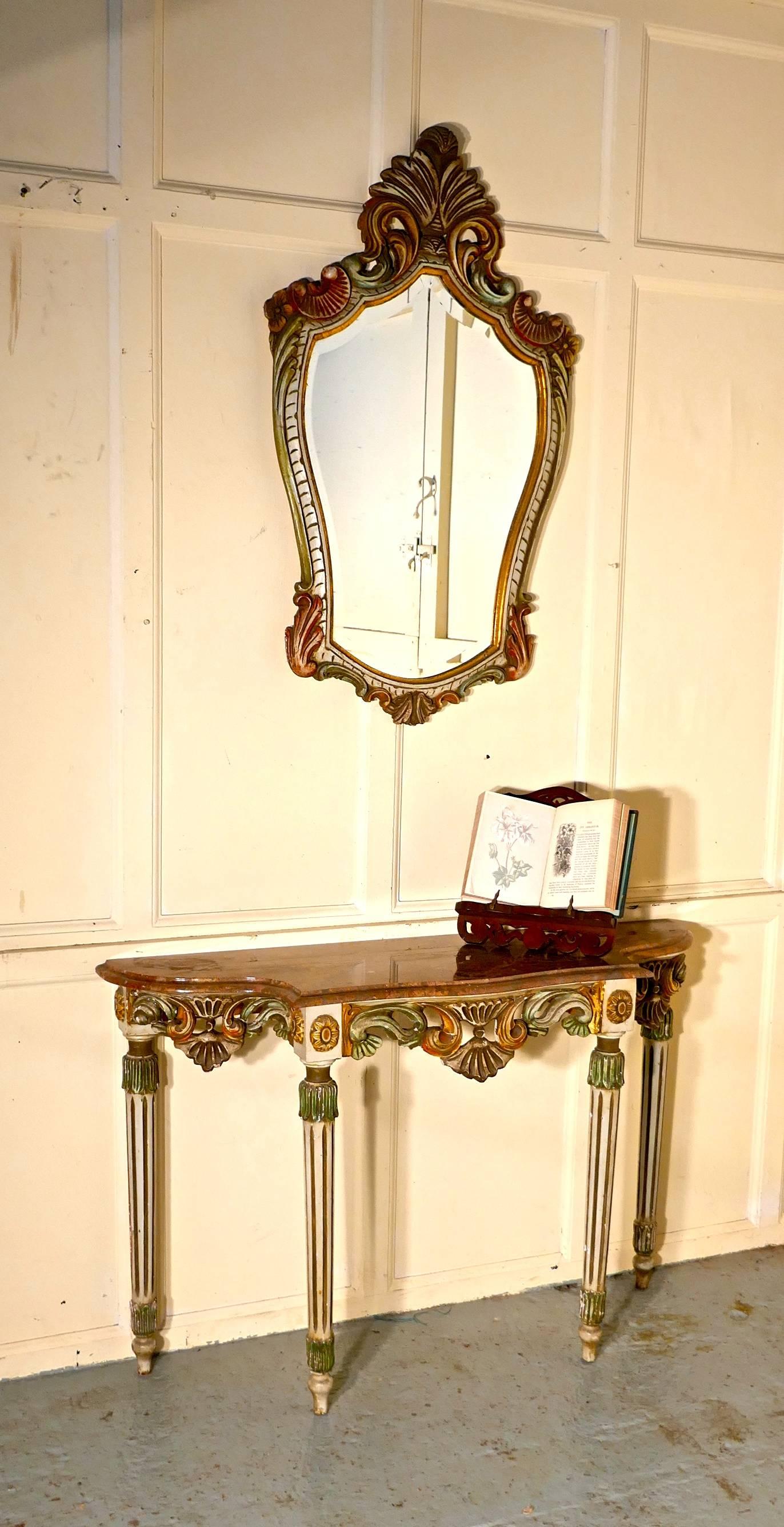 Baroque Carved and Painted French Louis Style Console or Hall Table with Matching Mirror