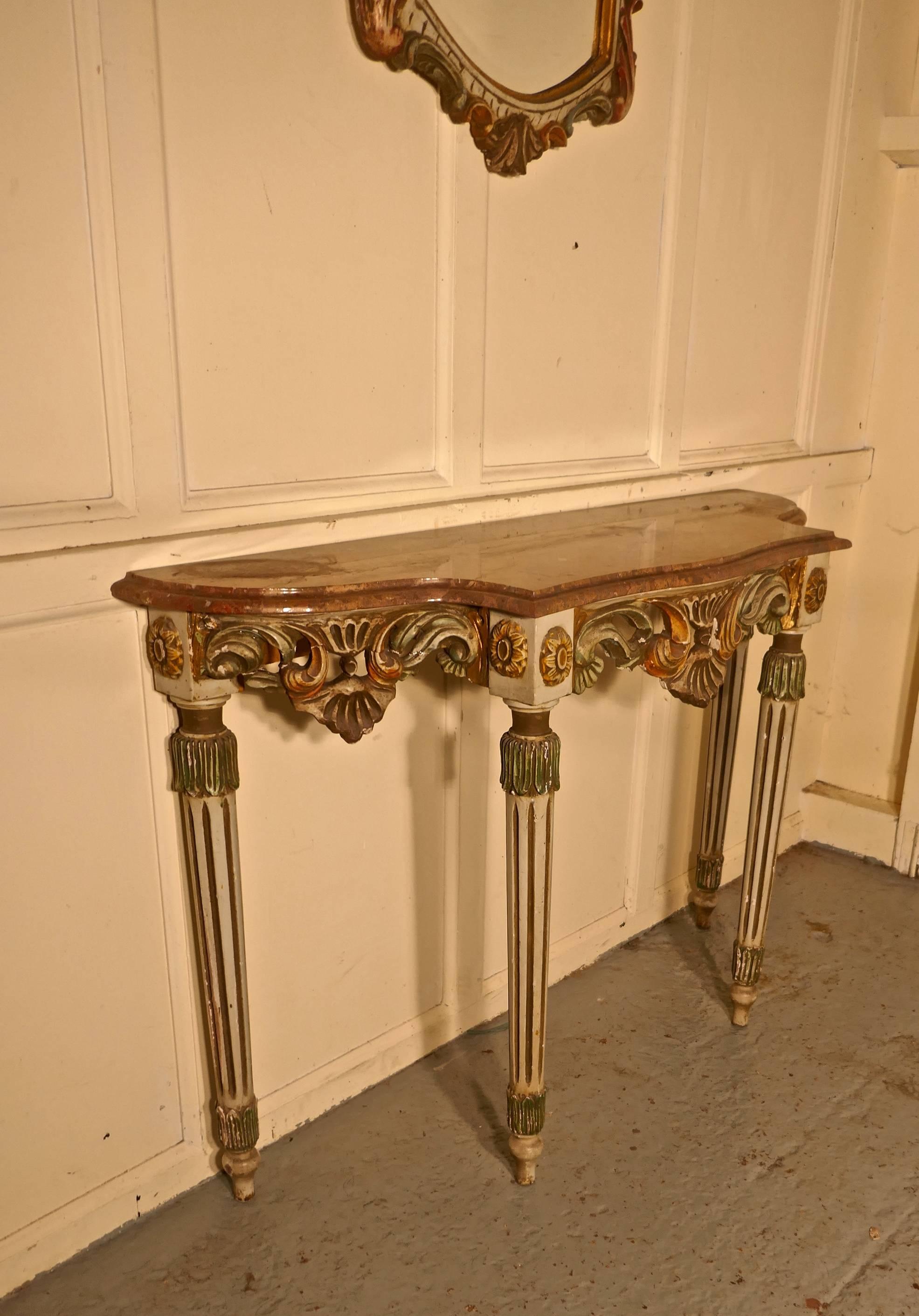 Carved and Painted French Louis Style Console or Hall Table with Matching Mirror 1