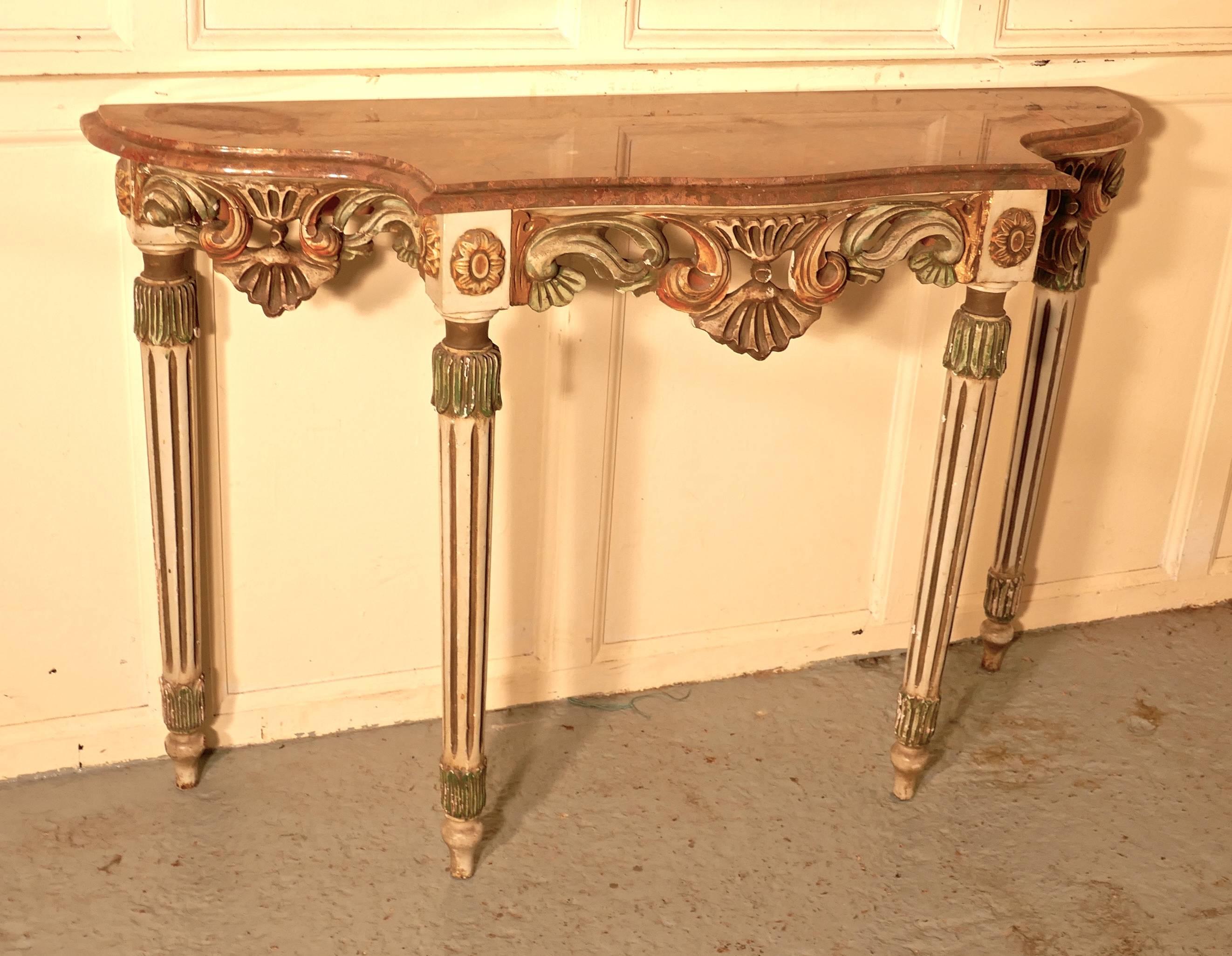 Carved and Painted French Louis Style Console or Hall Table with Matching Mirror 4