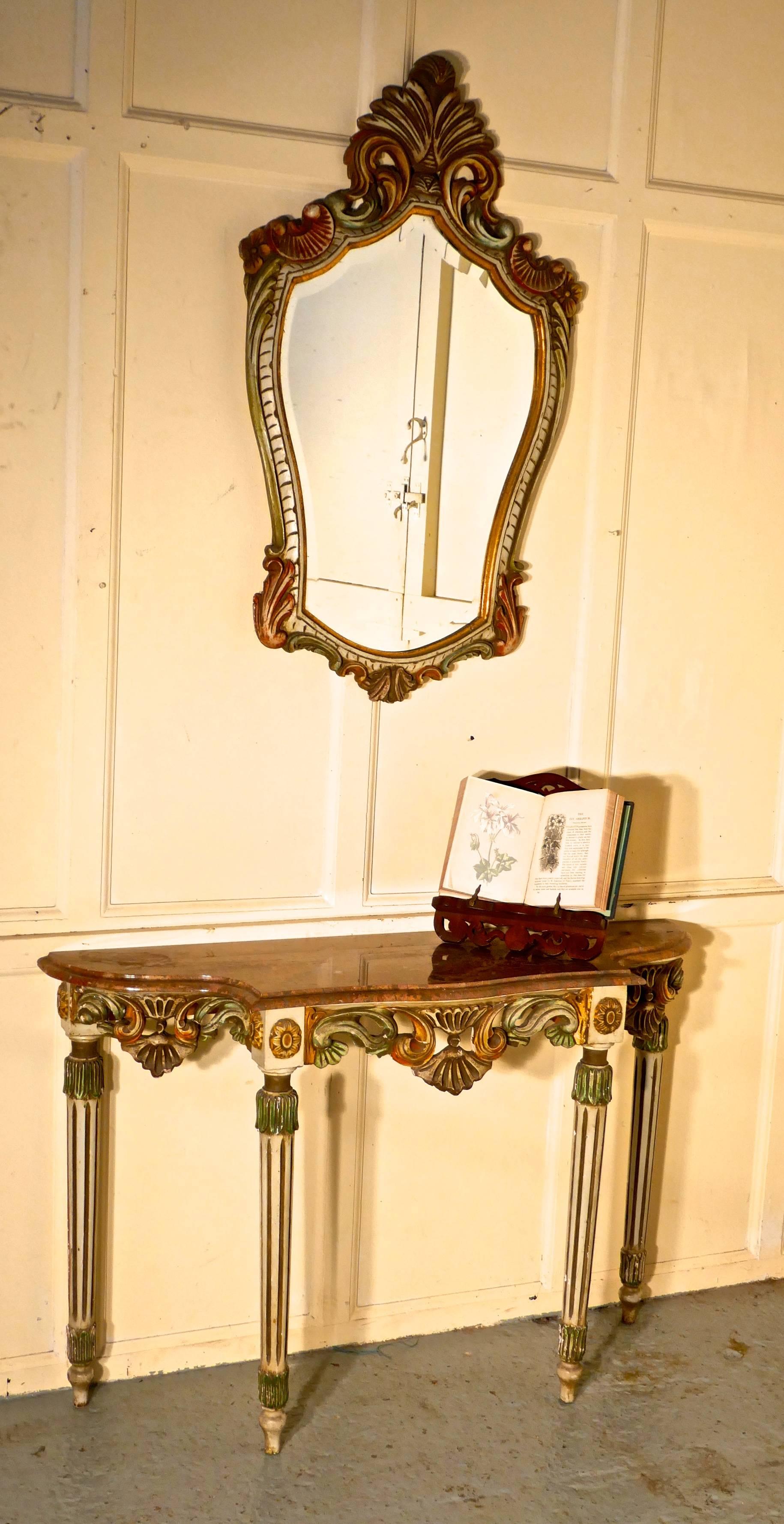 Carved and Painted French Louis Style Console or Hall Table with Matching Mirror 5