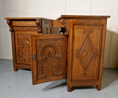 Pair of Carved Gothic Golden Oak Bedside Cupboards