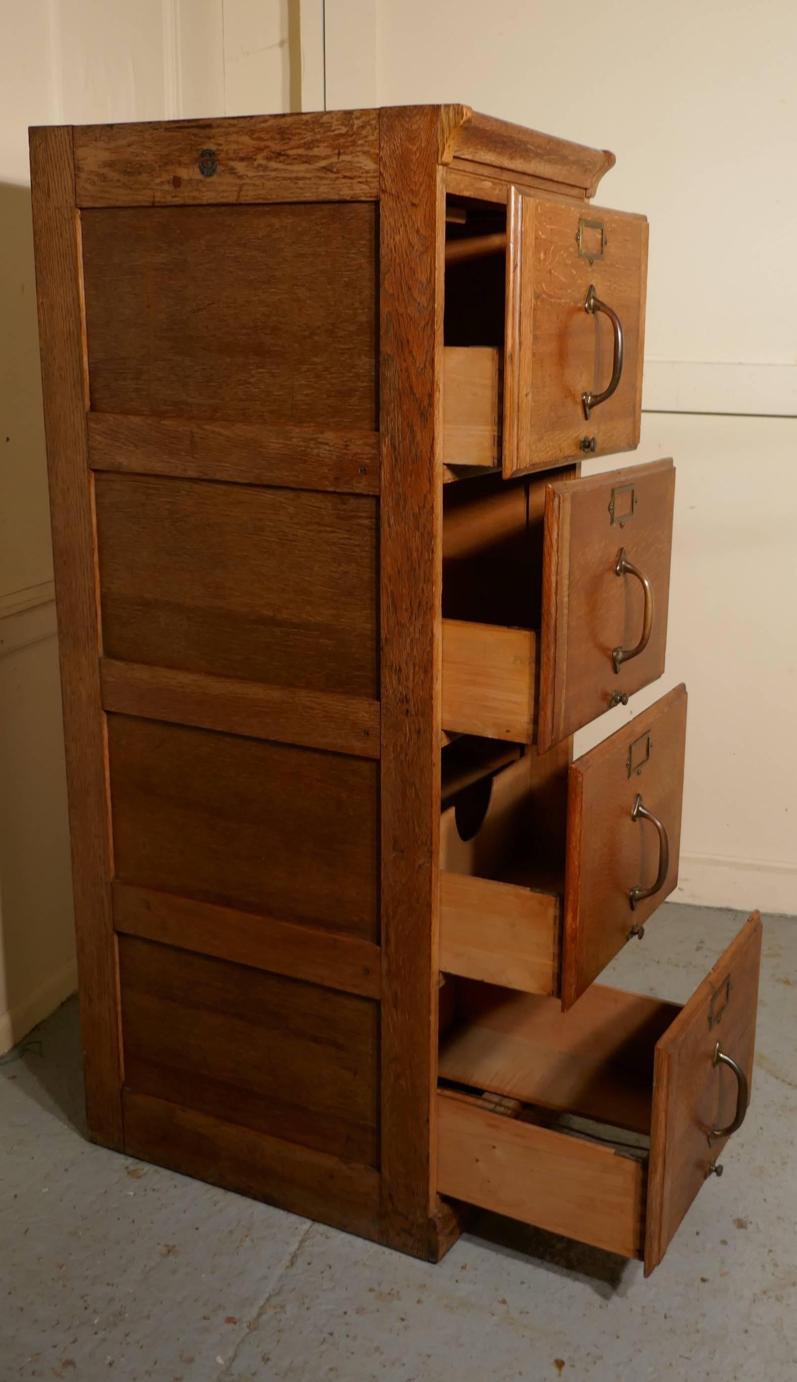 English Large Art Deco Four-Drawer Oak Filing Cabinet